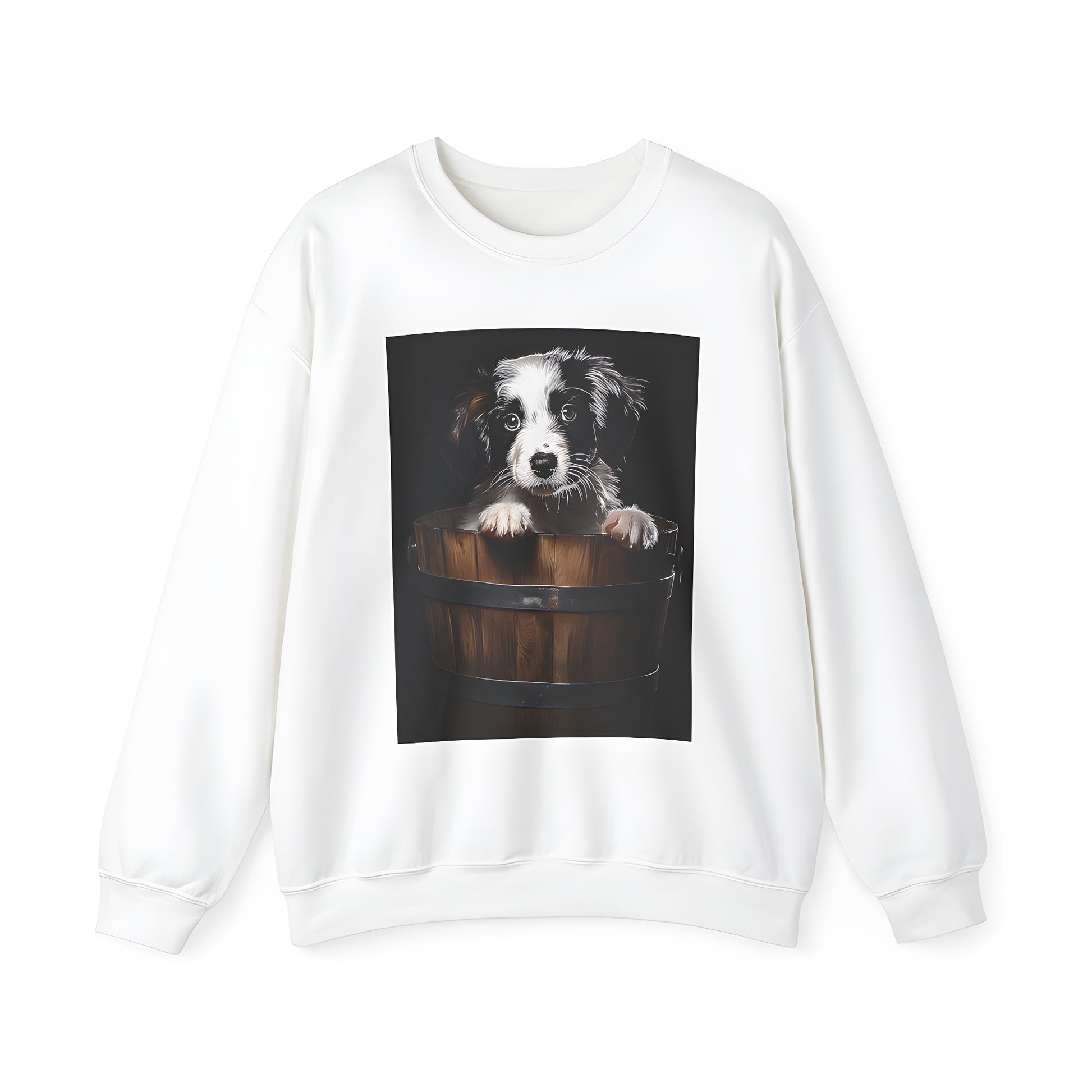 Colorful Adult Sweatshirt featuring an adorable dog peeking from wooden bucket design