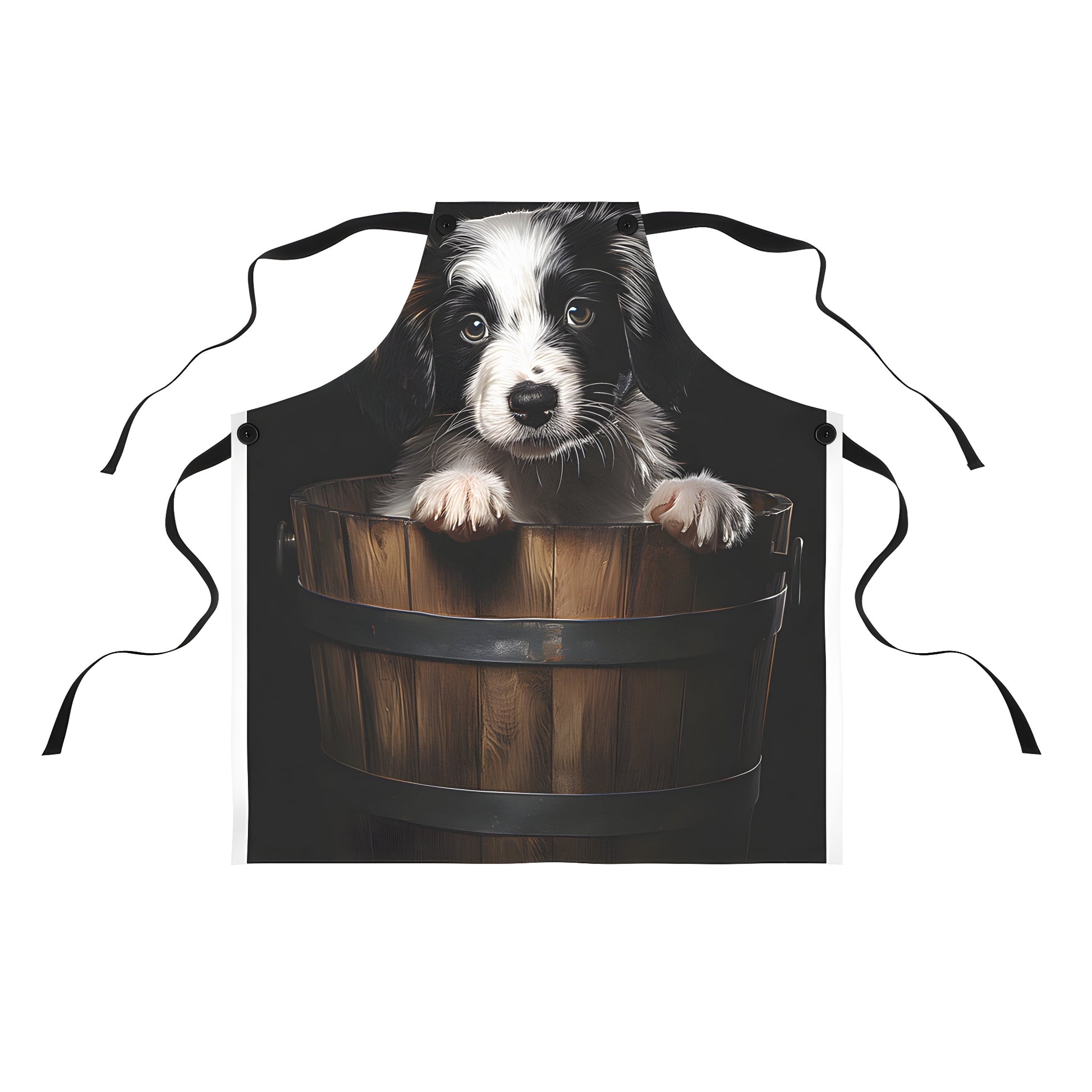 Adorable puppy peeking out from wooden bucket on colorful apron