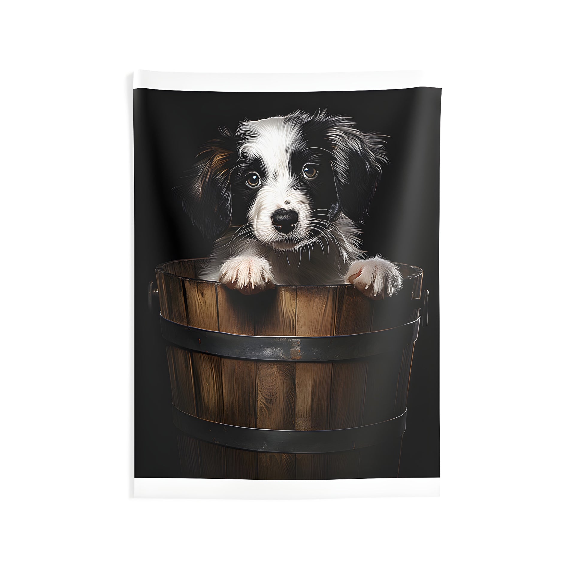 Indoor wall tapestry featuring colorful An adorable black and white puppy peeking out from a wooden bucket set against a black background