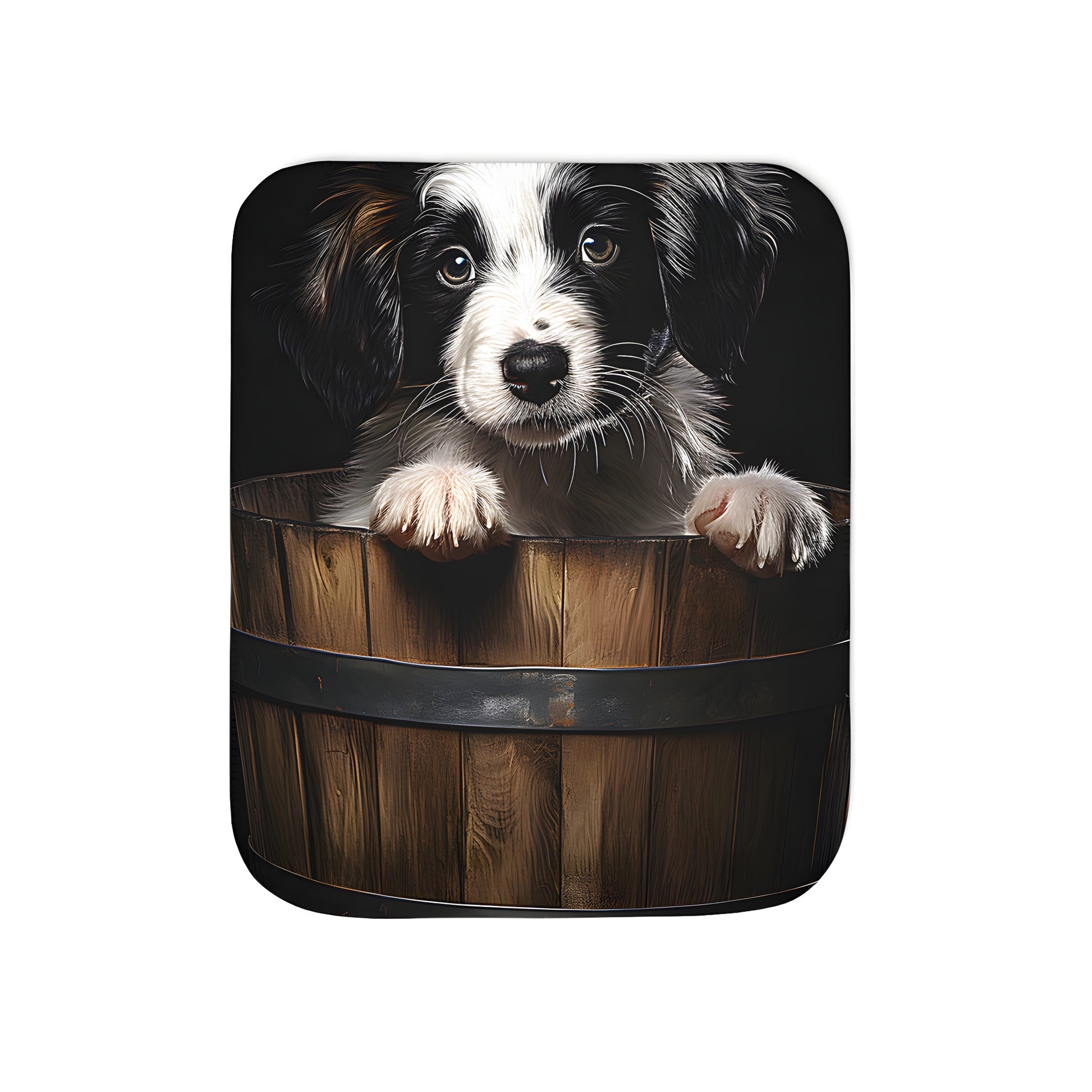 Cozy Blankets featuring adorable puppy designs peeking out from wooden buckets on black backgrounds