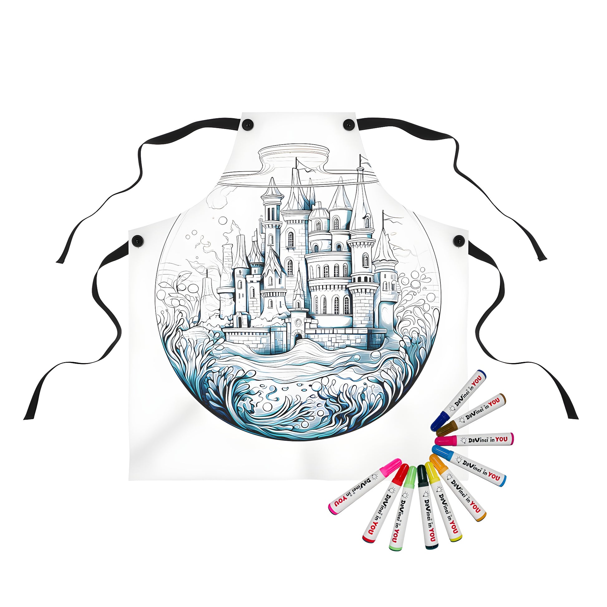 Aprons for kids and adults with underwater castle designs, featuring fantasy architecture and mythical elements