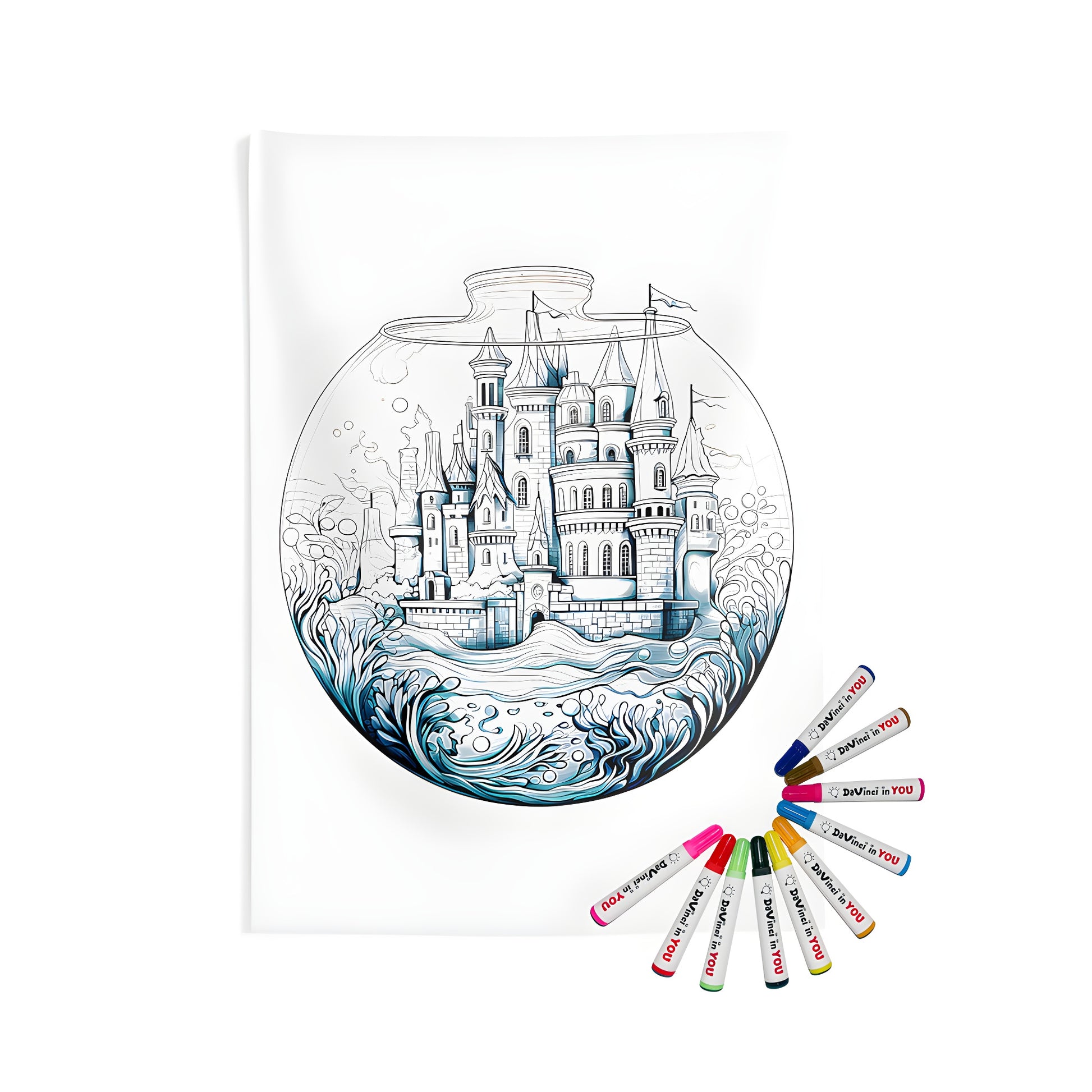 Underwater castle wall tapestry for sale, indoor fabric coloring kit with fishbowl scene