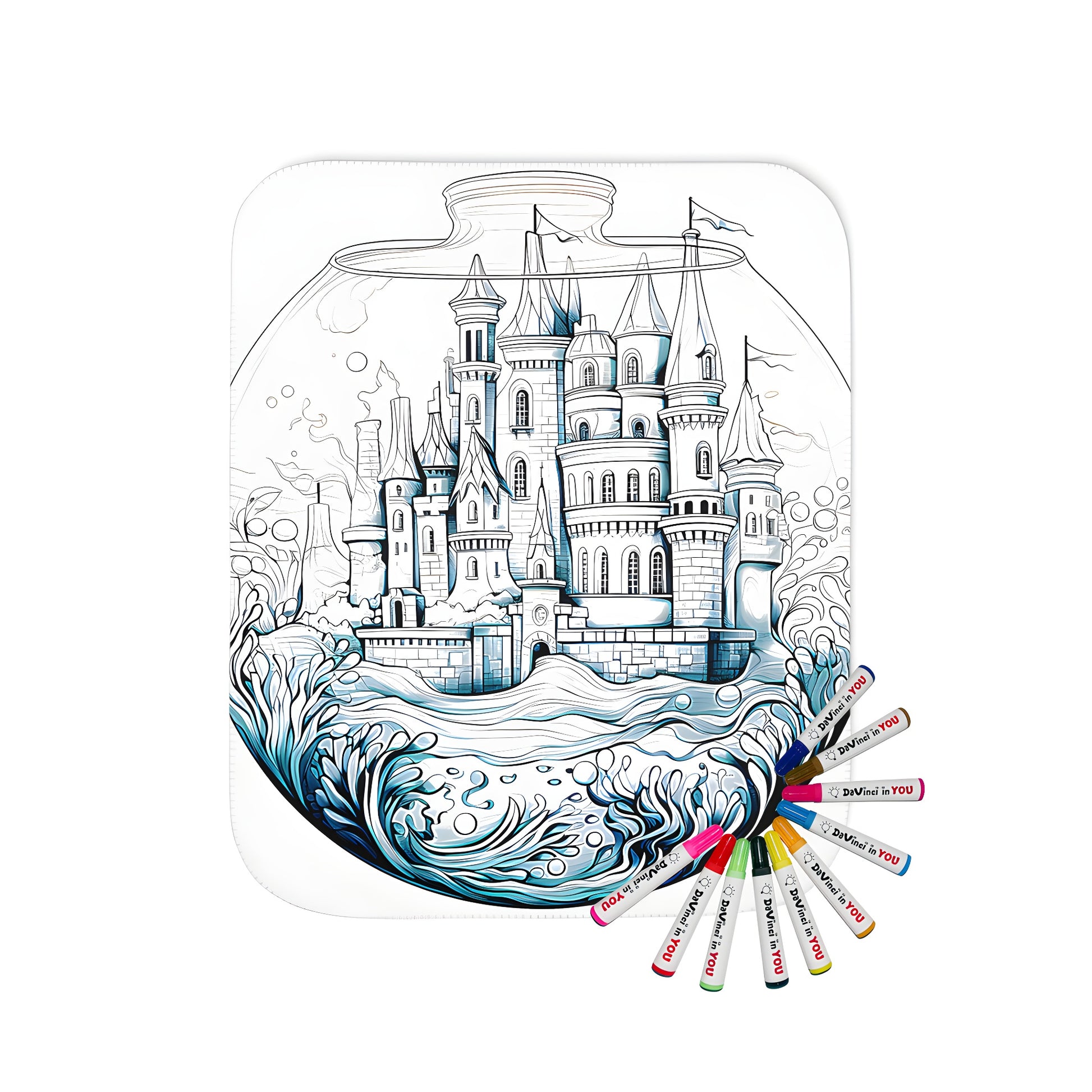 Underwater castle blanket featuring an underwater kingdom scene, a fishbowl, and fantasy architecture for sale