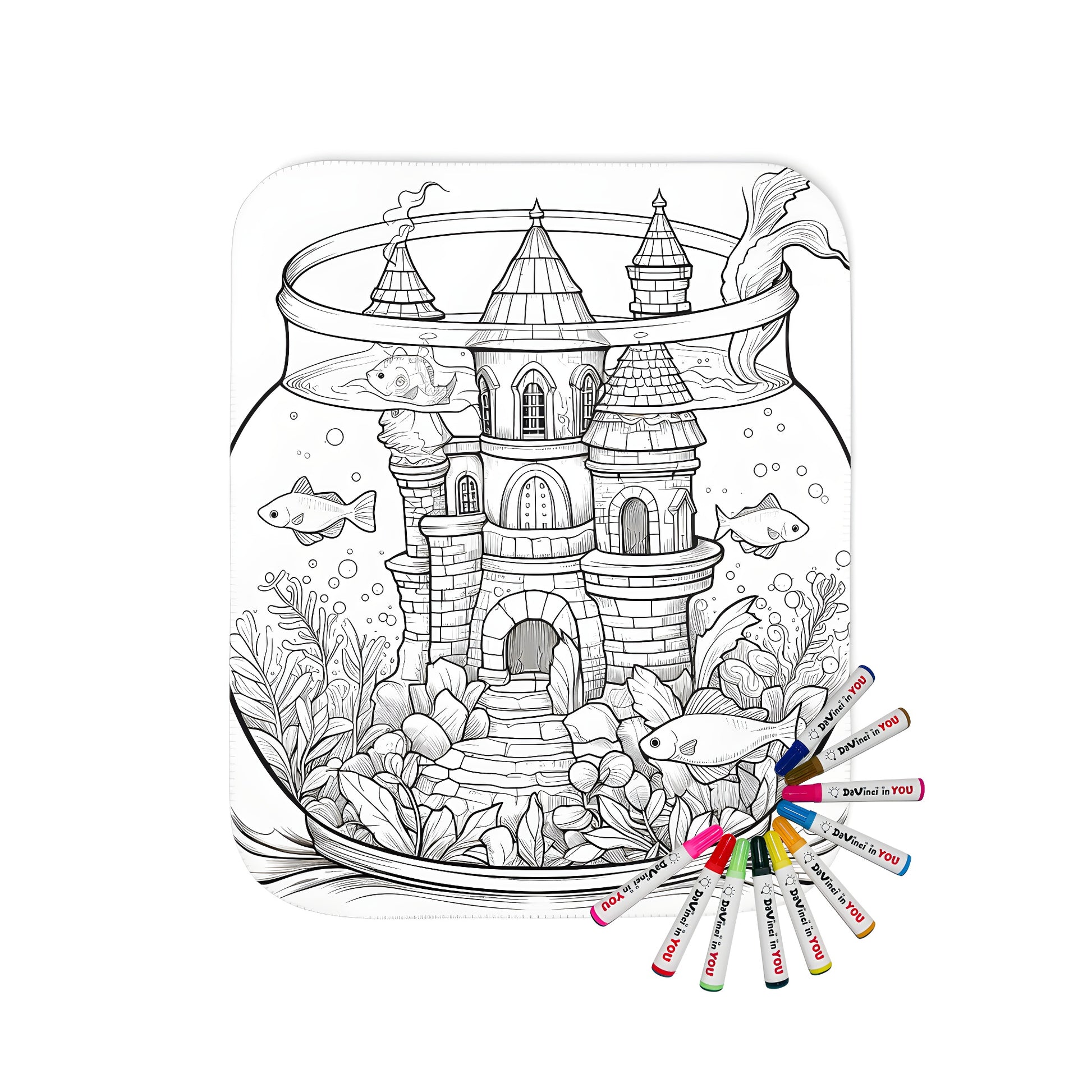 Coloring page-inspired castle aquarium blanket with vibrant fabric markers