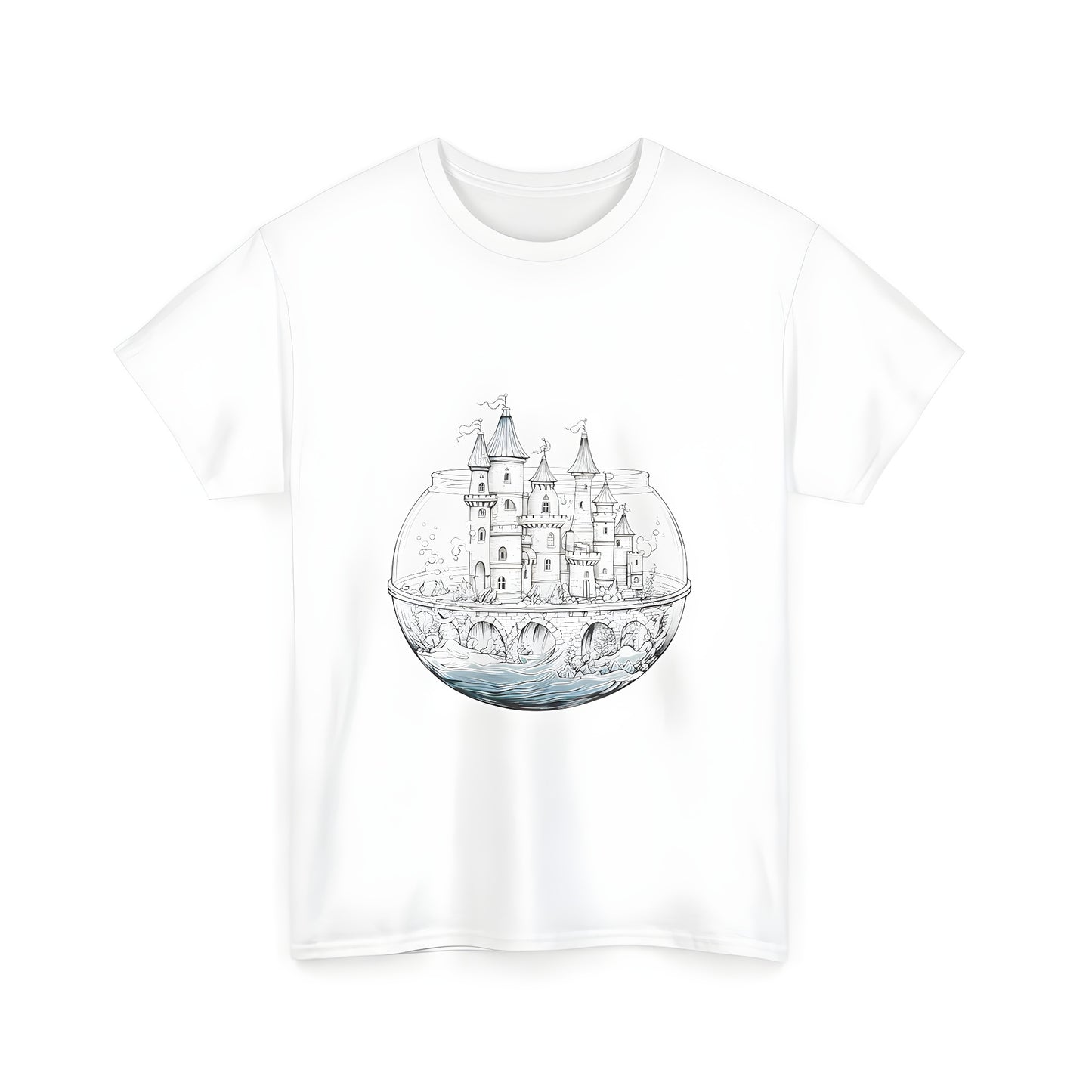 Colorful Unisex T-shirt featuring a fantasy-inspired castle inside an aquarium