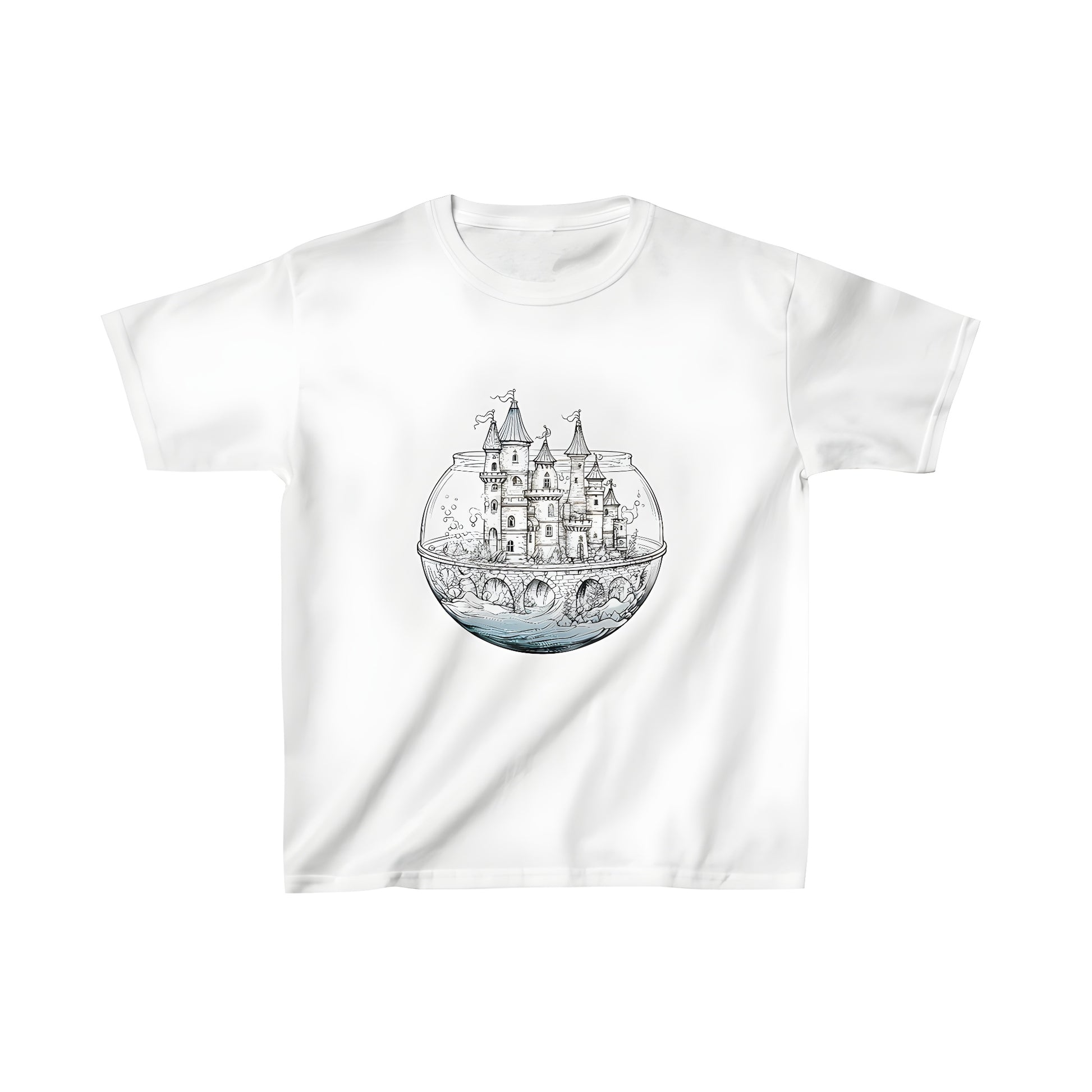 Colored fantasy castle shirt for kids, featuring intricate architecture and water elements on a comfortable tee