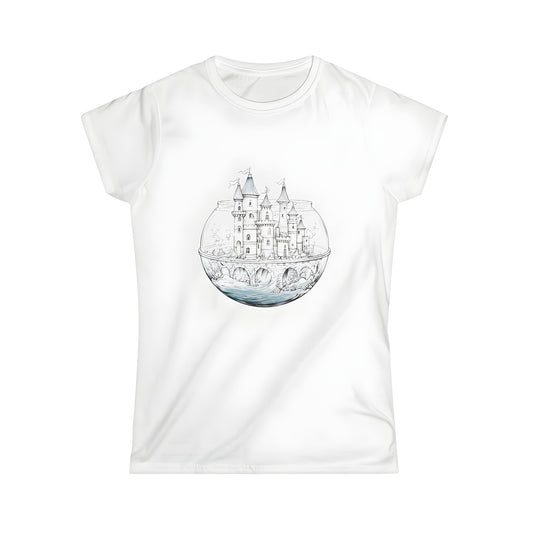 Women's T-shirt with medieval castle design inside an aquarium, featuring colorful fantasy architecture and water elements