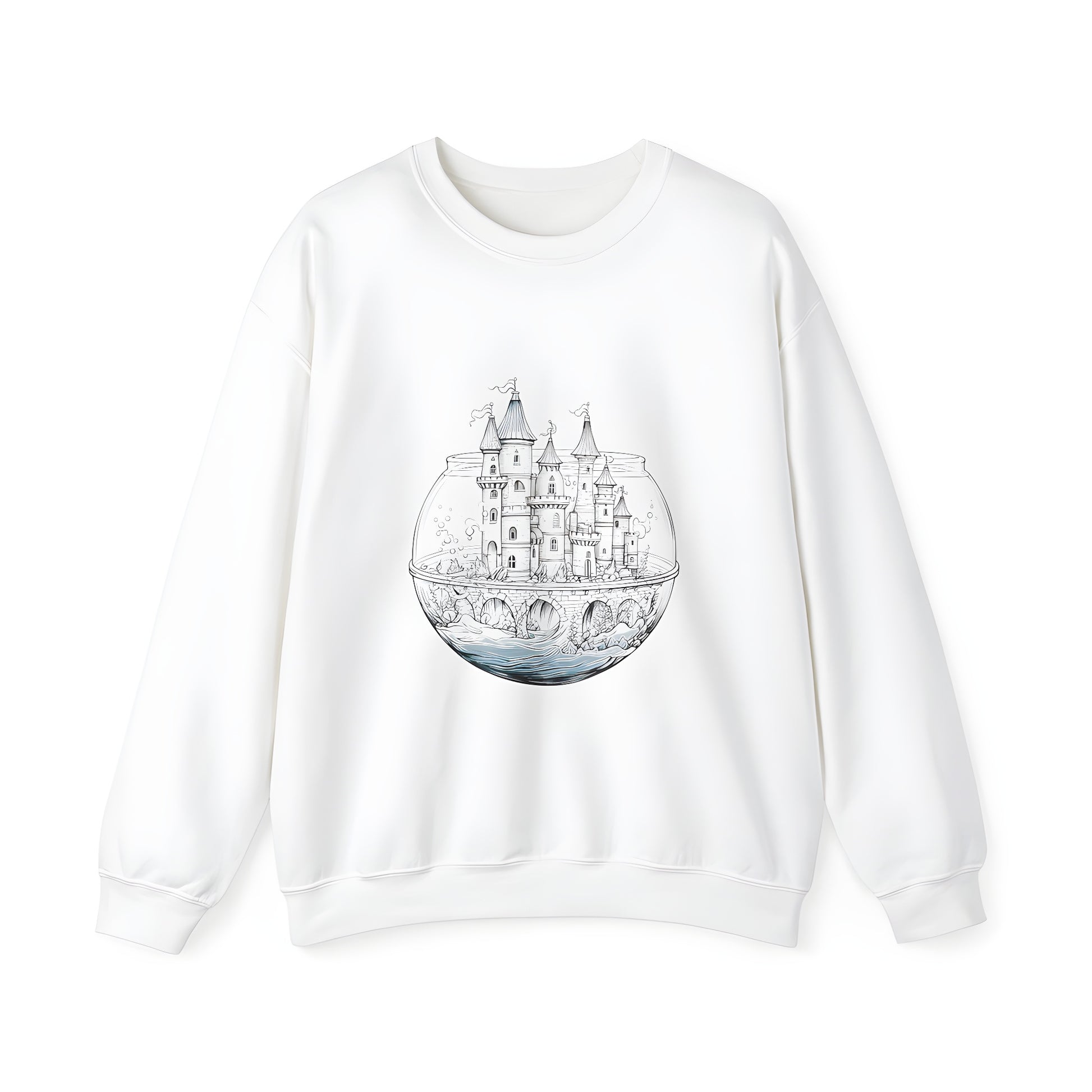 Adult sweatshirt featuring a colorful fantasy castle design within an aquarium