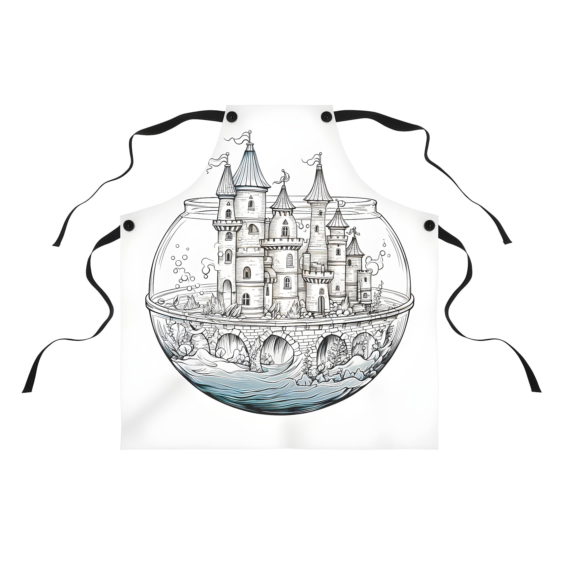 Colorful Apron with a medieval-style fantasy castle illustration inside an aquarium