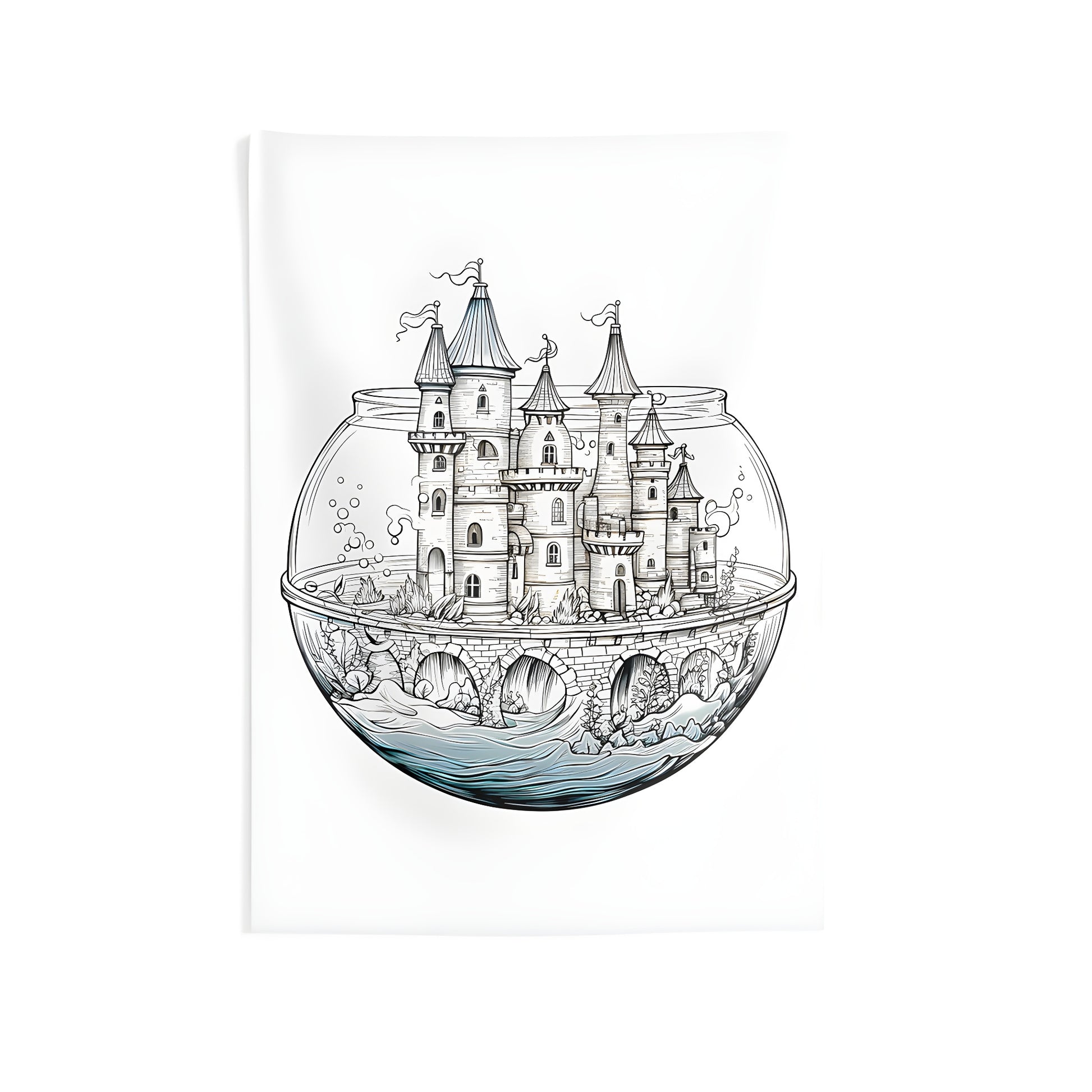 Indoor wall tapestry with a colorful fantasy castle design inside an aquarium, featuring detailed architecture and water elements