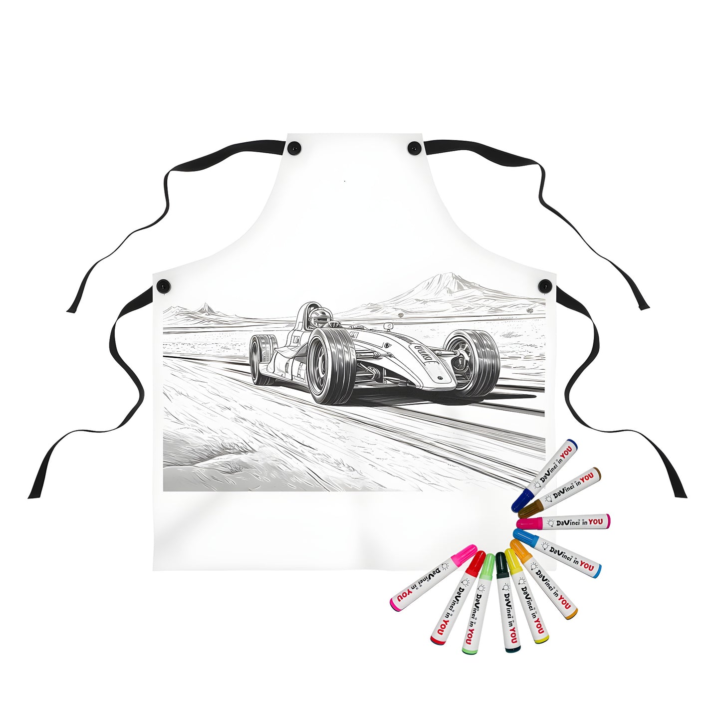 Formula racing car apron with colorful illustration and desert landscape