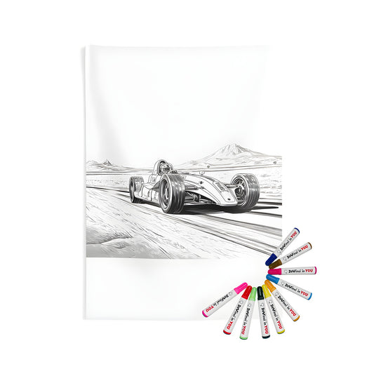 Indoor wall tapestries and coloring kit featuring a thrilling formula racing scene with a speeding car on a desert track