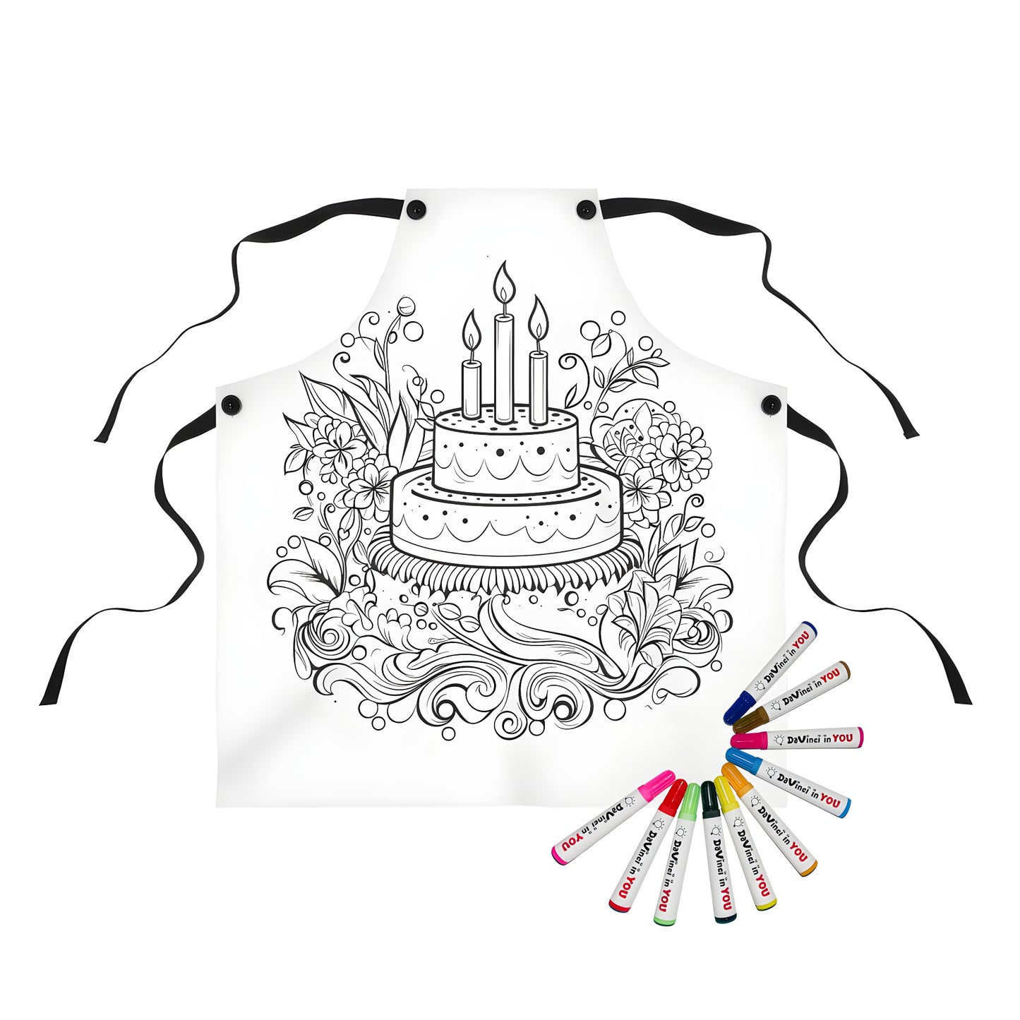 Coloring apron featuring a vibrant birthday cake design with candles, flowers and decorative swirls