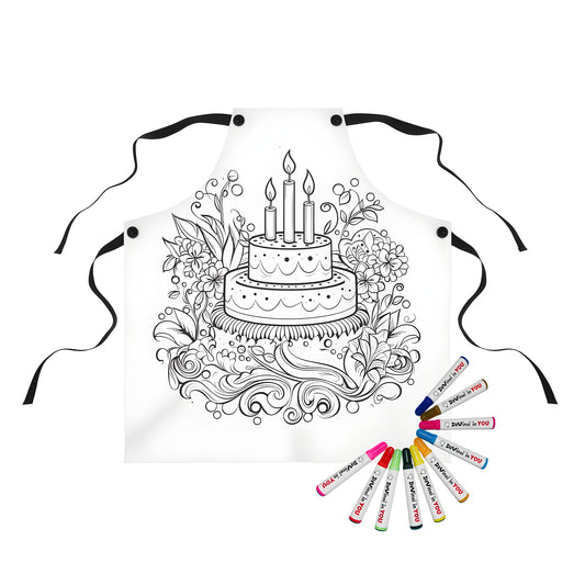 Coloring apron featuring a vibrant birthday cake design with candles, flowers and decorative swirls