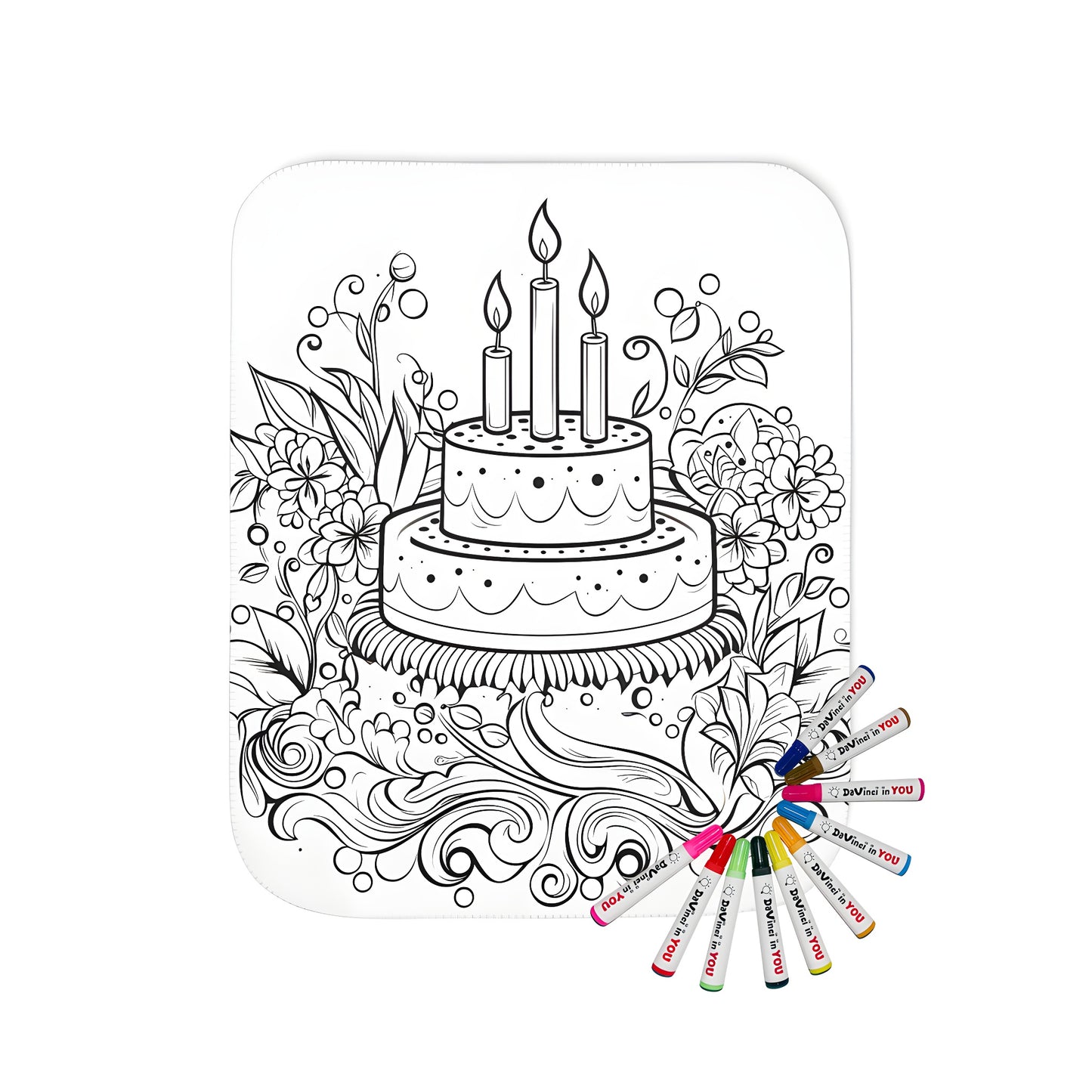 Birthday cake themed blanket with candles, flowers, and colorful design