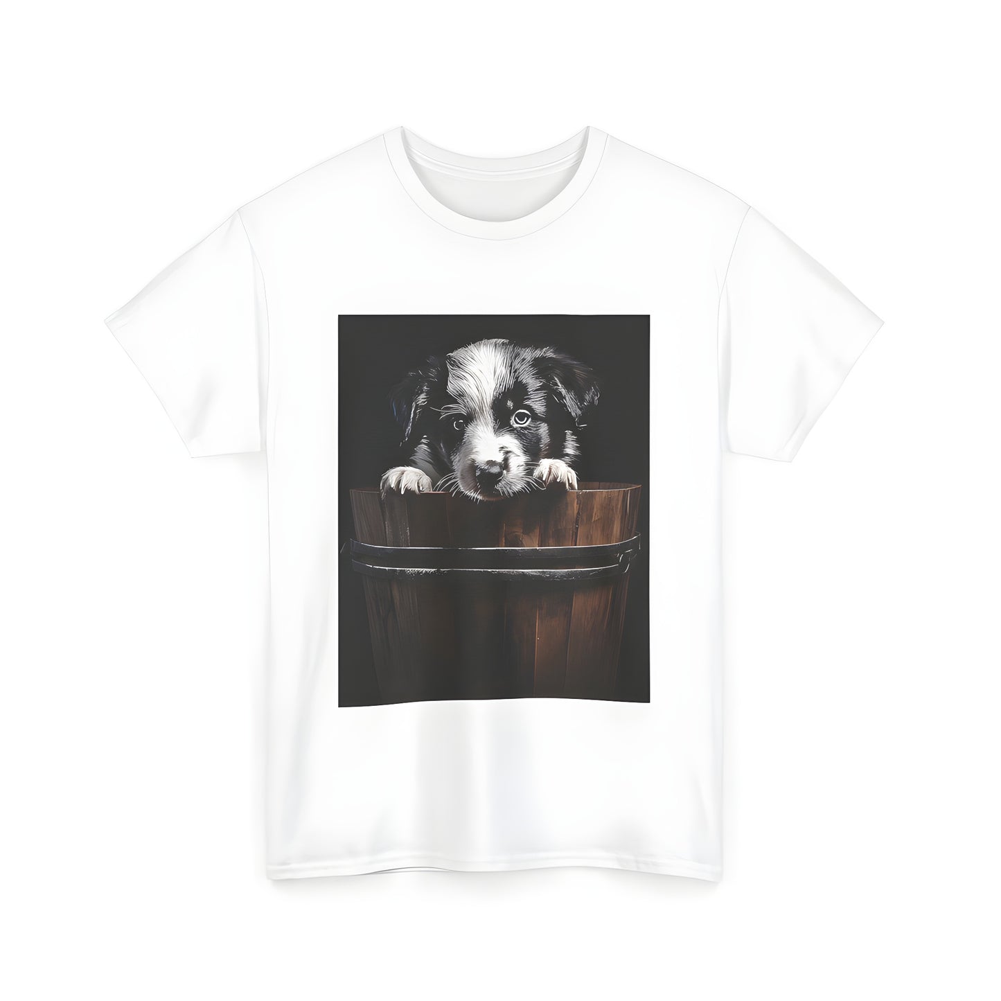 A colorful unisex t-shirt featuring a cute black and white puppy peering from a wooden bucket, perfect for animal lovers. Find similar designs like Pup in a Bucket, Dog in a Barrel, Canine in a Container, or a Pint-Sized Puppy on a Wooden Stool.