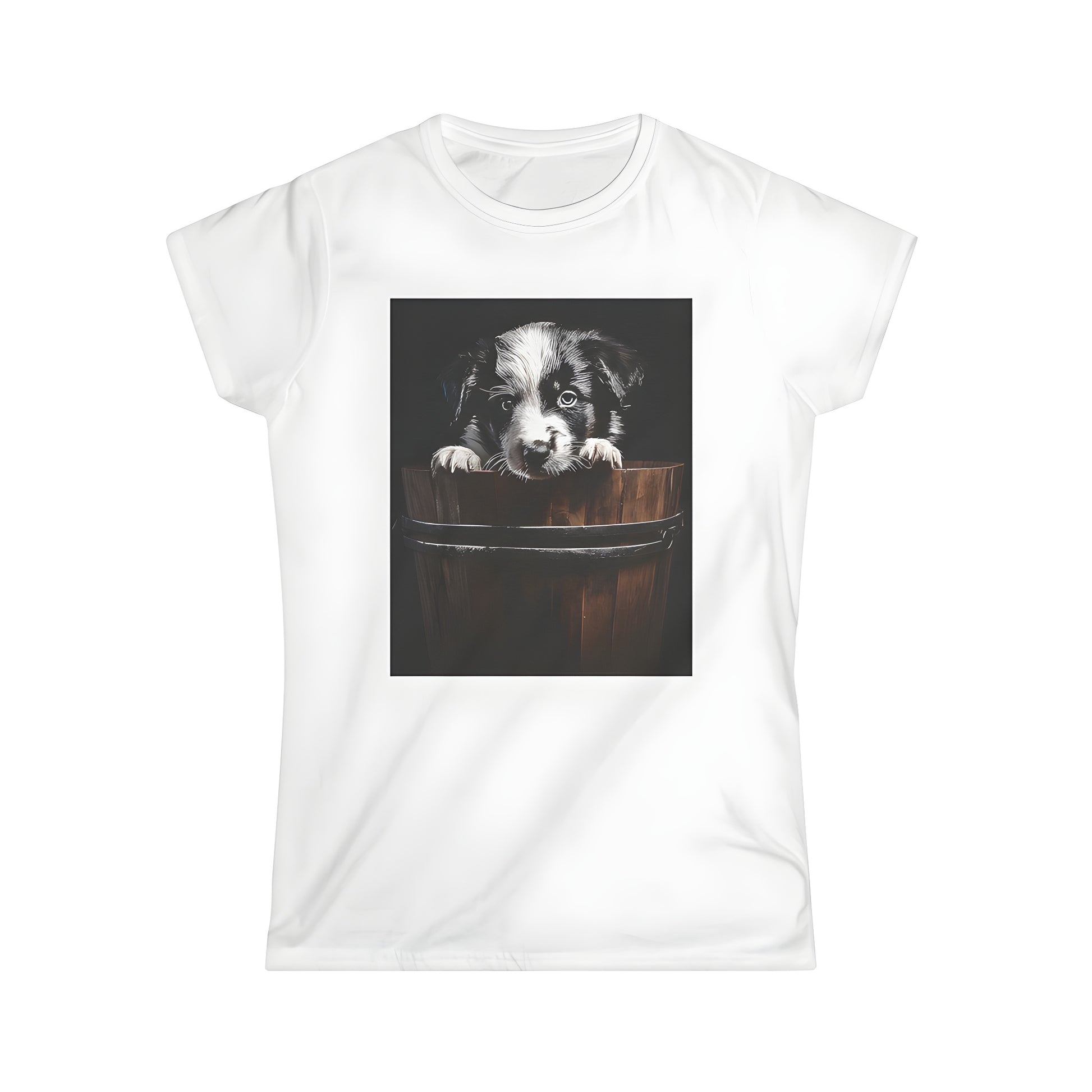 Women's T-shirt with cute dog in bucket graphic design