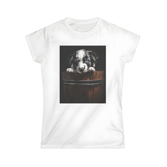 Women's T-shirt with cute dog in bucket graphic design