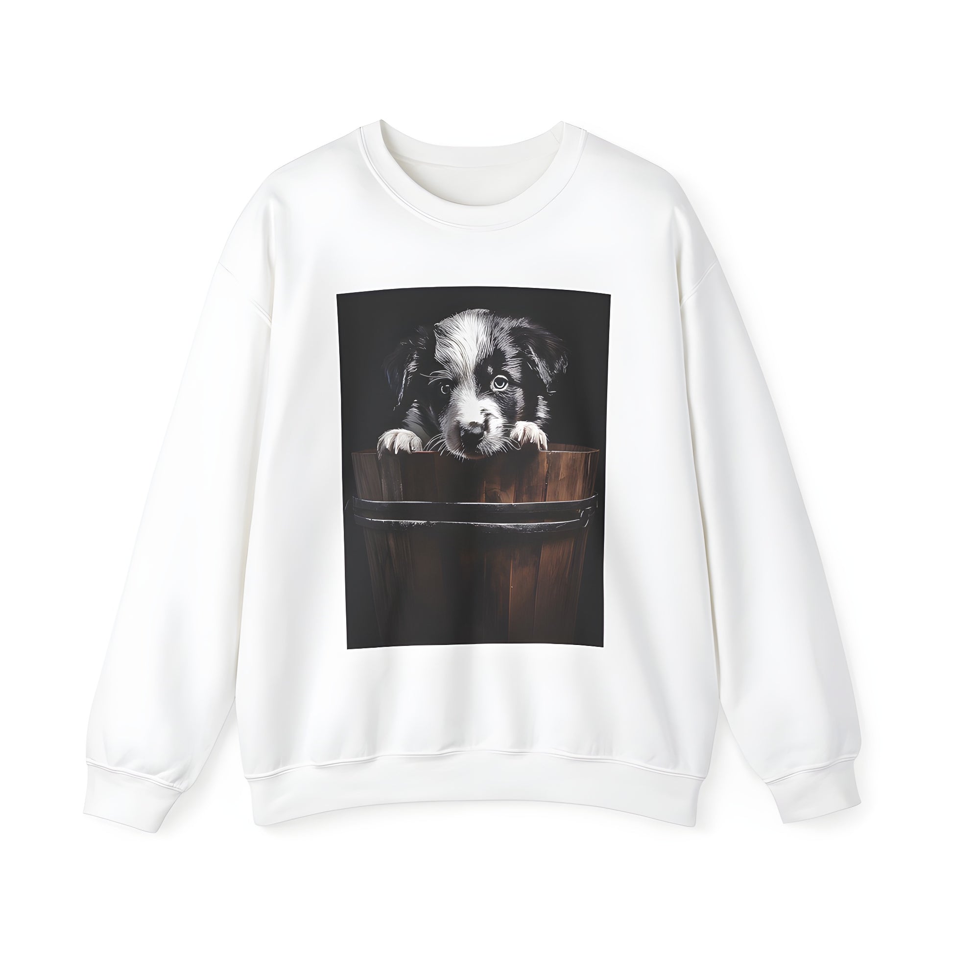 Adult Sweatshirt featuring colorful design of dog in wooden bucket, cute puppy peeking out from pail on dark background