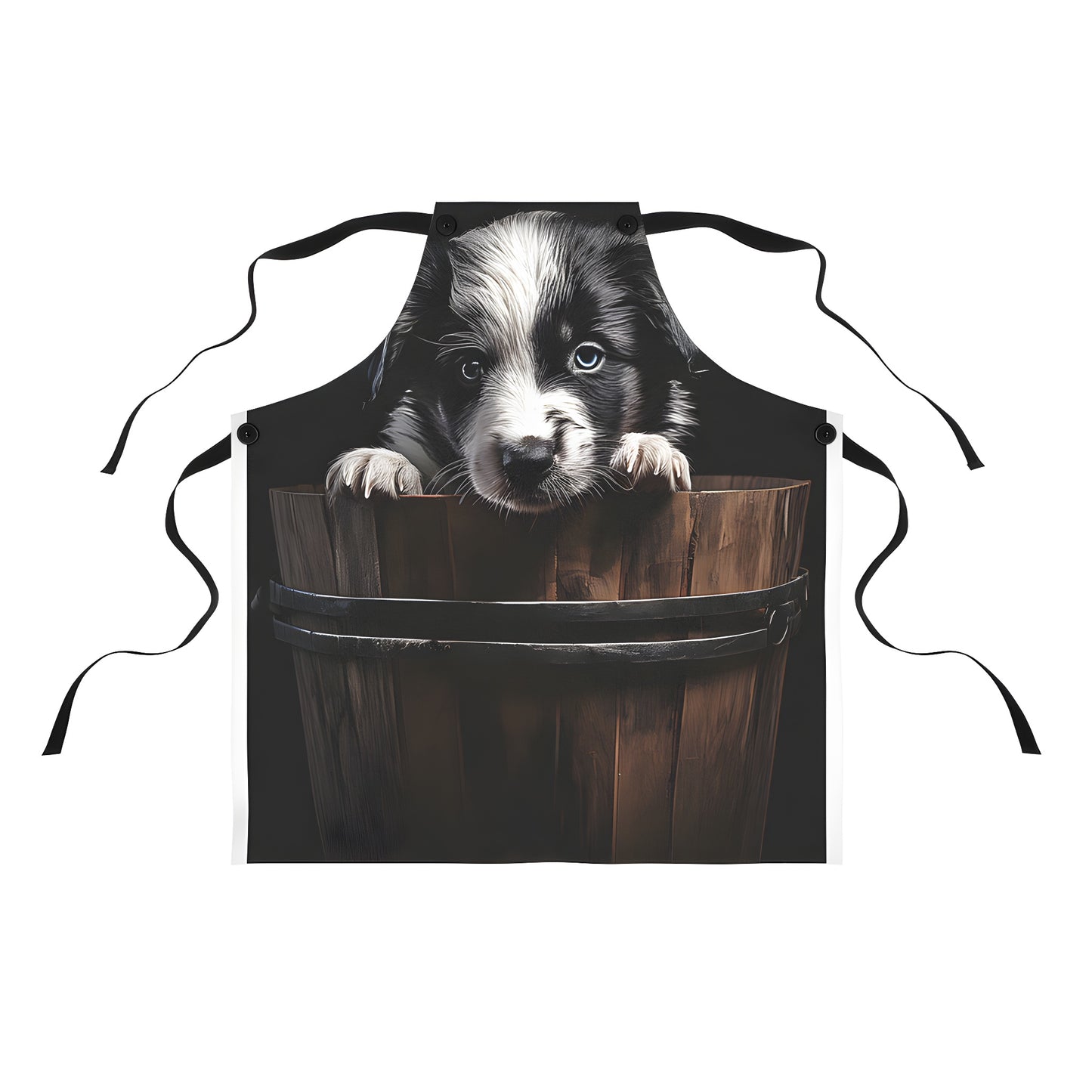 Colorful apron with whimsical dog design, featuring a cute puppy peeking out from a wooden bucket on a dark background