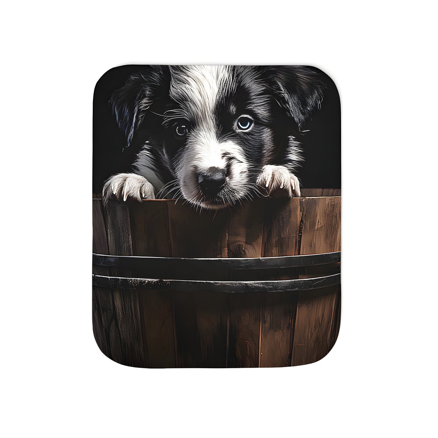 Cozy blanket featuring adorable pup peeking out from wooden bucket design