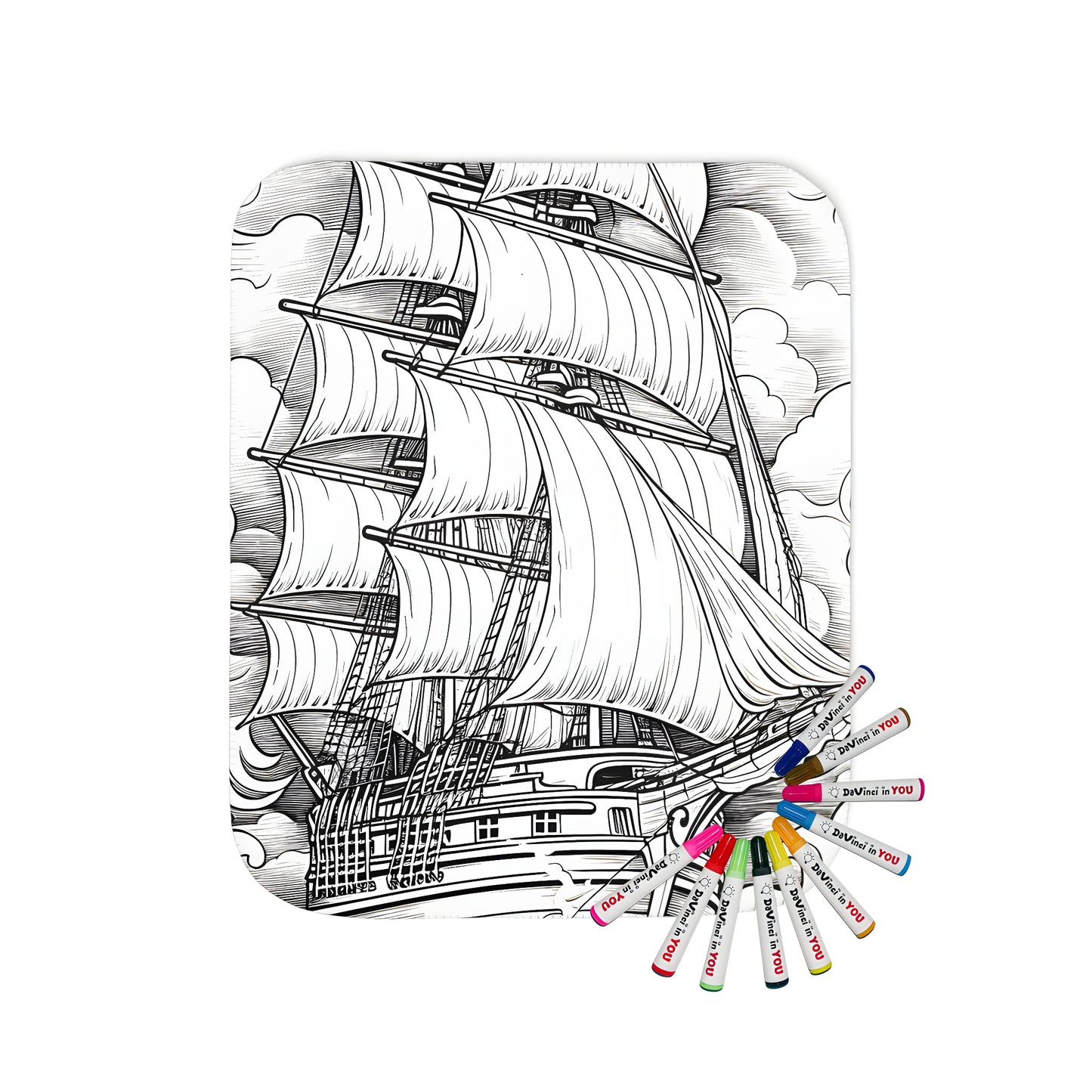 Blanket featuring a vibrant sailing ship, tall ship, or sea vessel coloring page art, printed on soft fabric for a unique throw blanket