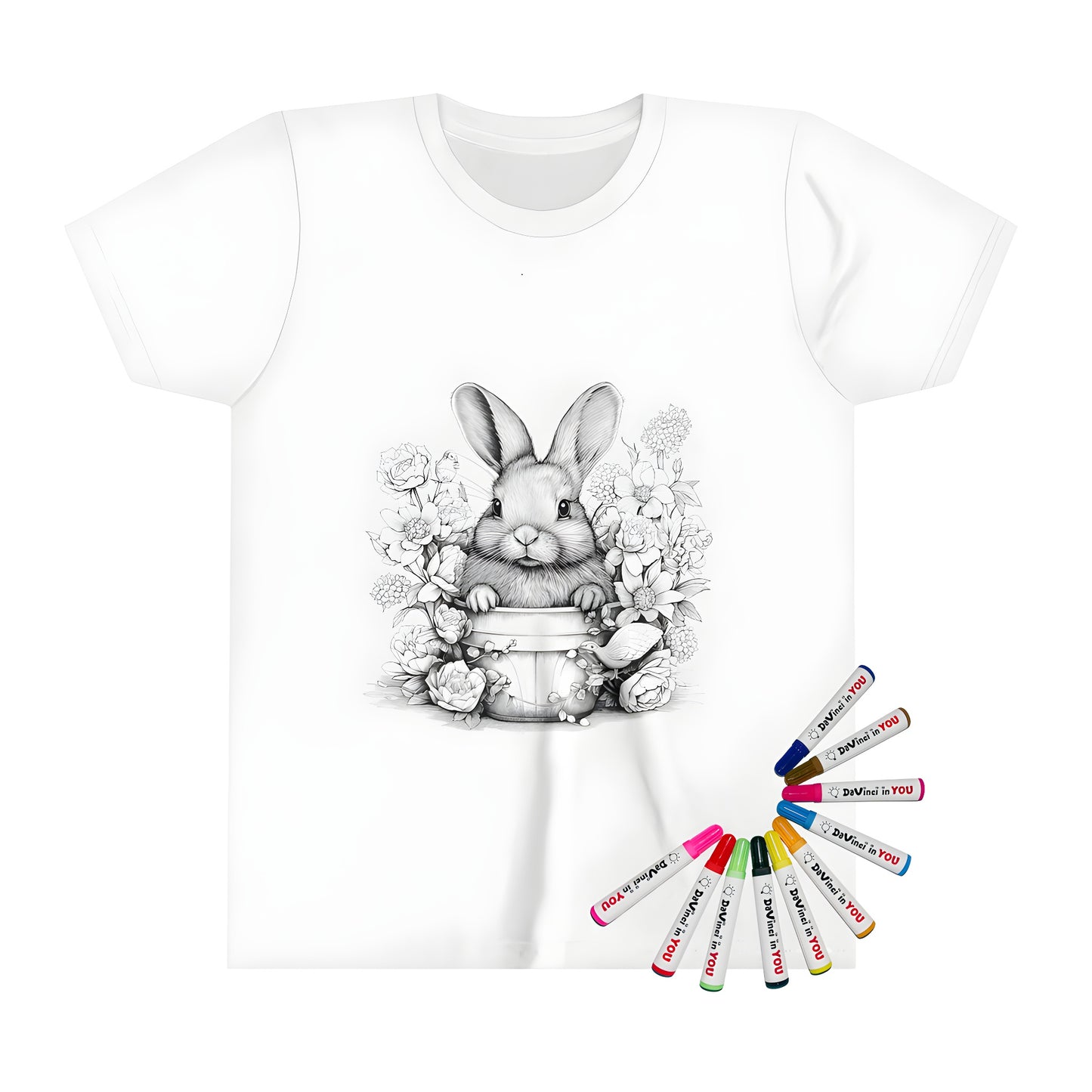 A detailed black and white sketch of a rabbit in nature on a kid's t-shirt