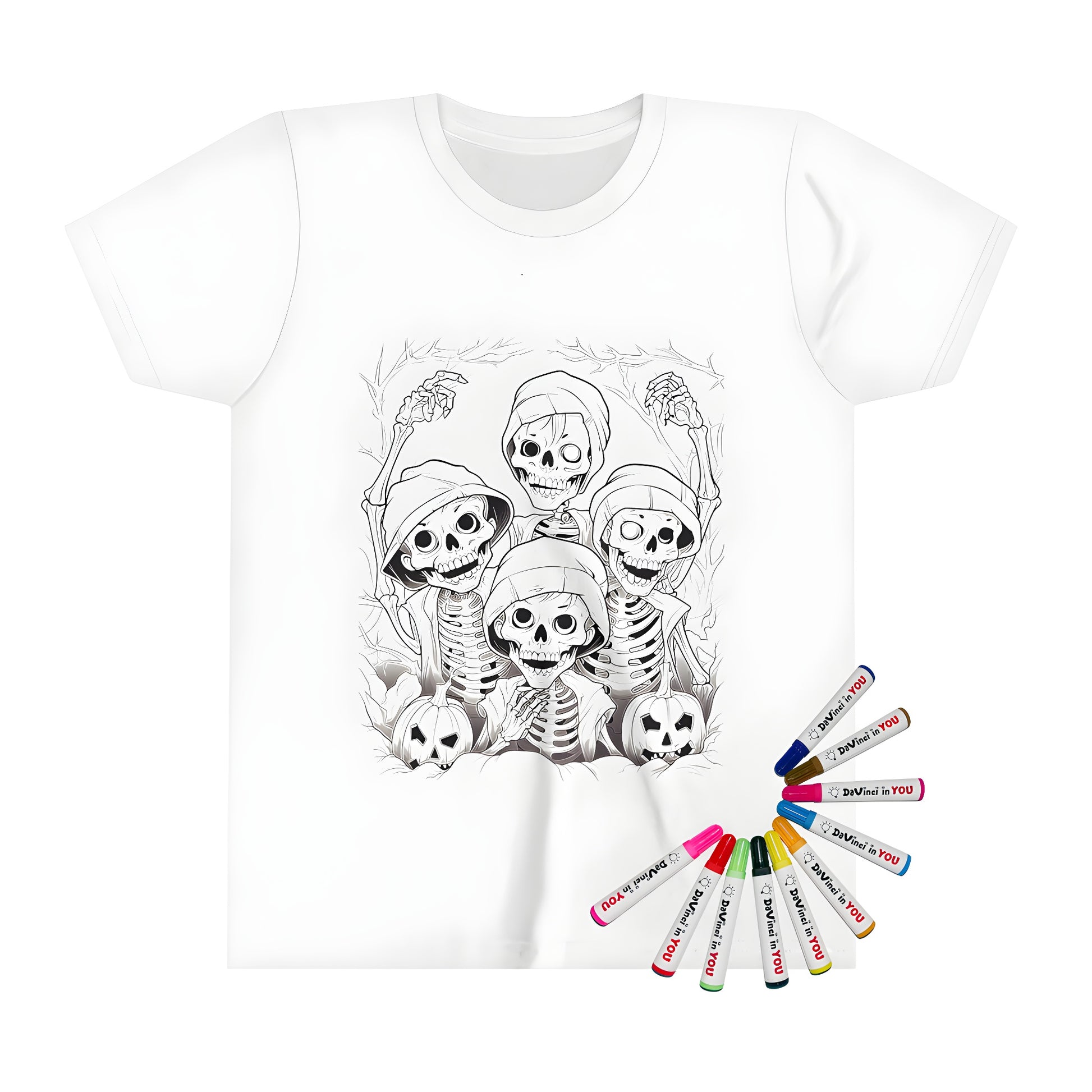 Kids' T-shirt featuring spooky black and white design of hooded skeletons surrounded by jack-o'-lanterns, perfect for Halloween costumes