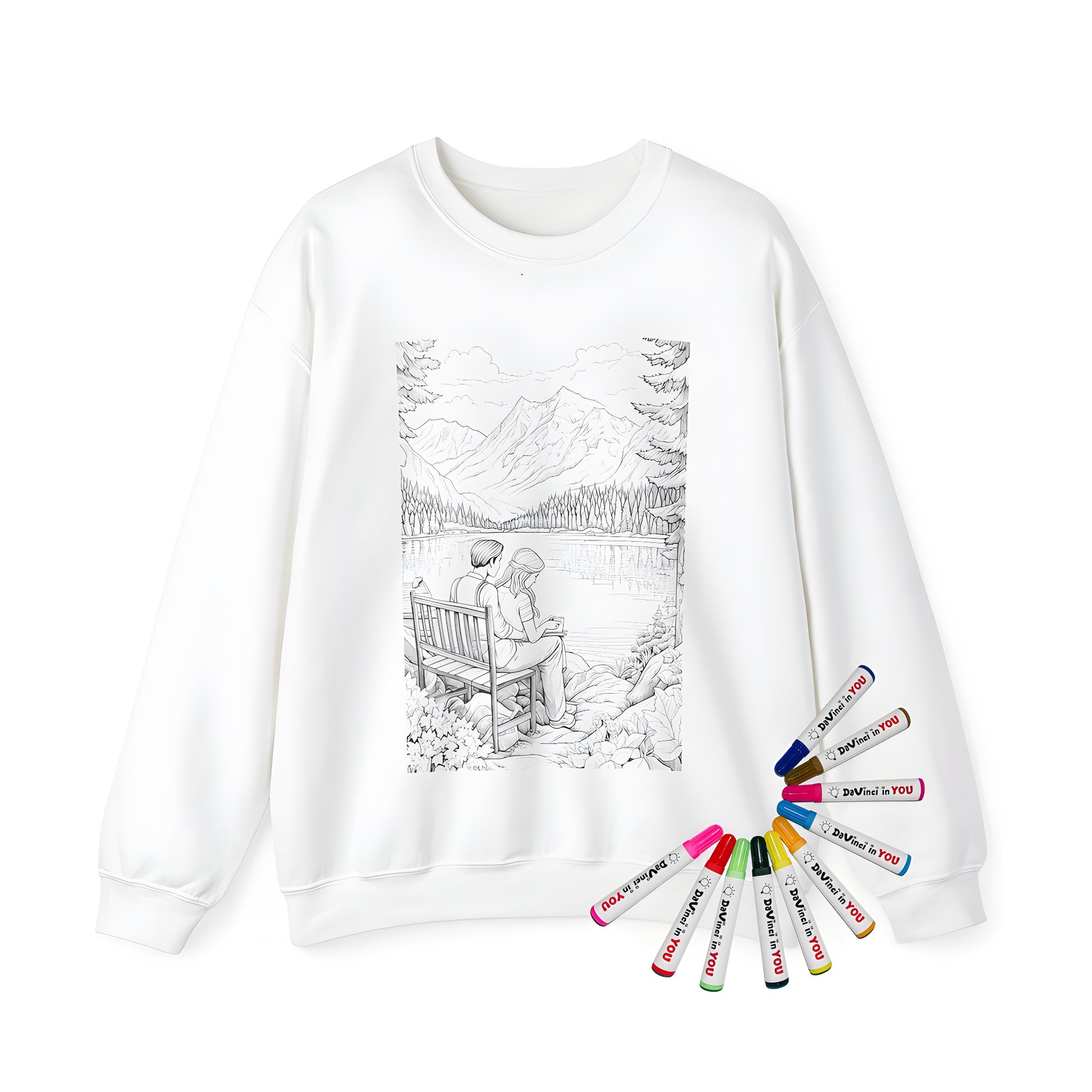 Adult Sweatshirt featuring a coloring page design of a serene lake scene with a couple on a bench surrounded by trees and mountains