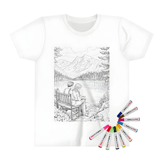 A kid's t-shirt featuring a serene lake scene with a couple sitting on a bench surrounded by trees and mountains in the background.