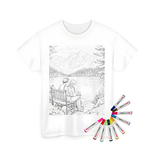 Unisex T-shirt featuring a serene lake scene with a couple on a bench surrounded by trees and mountains