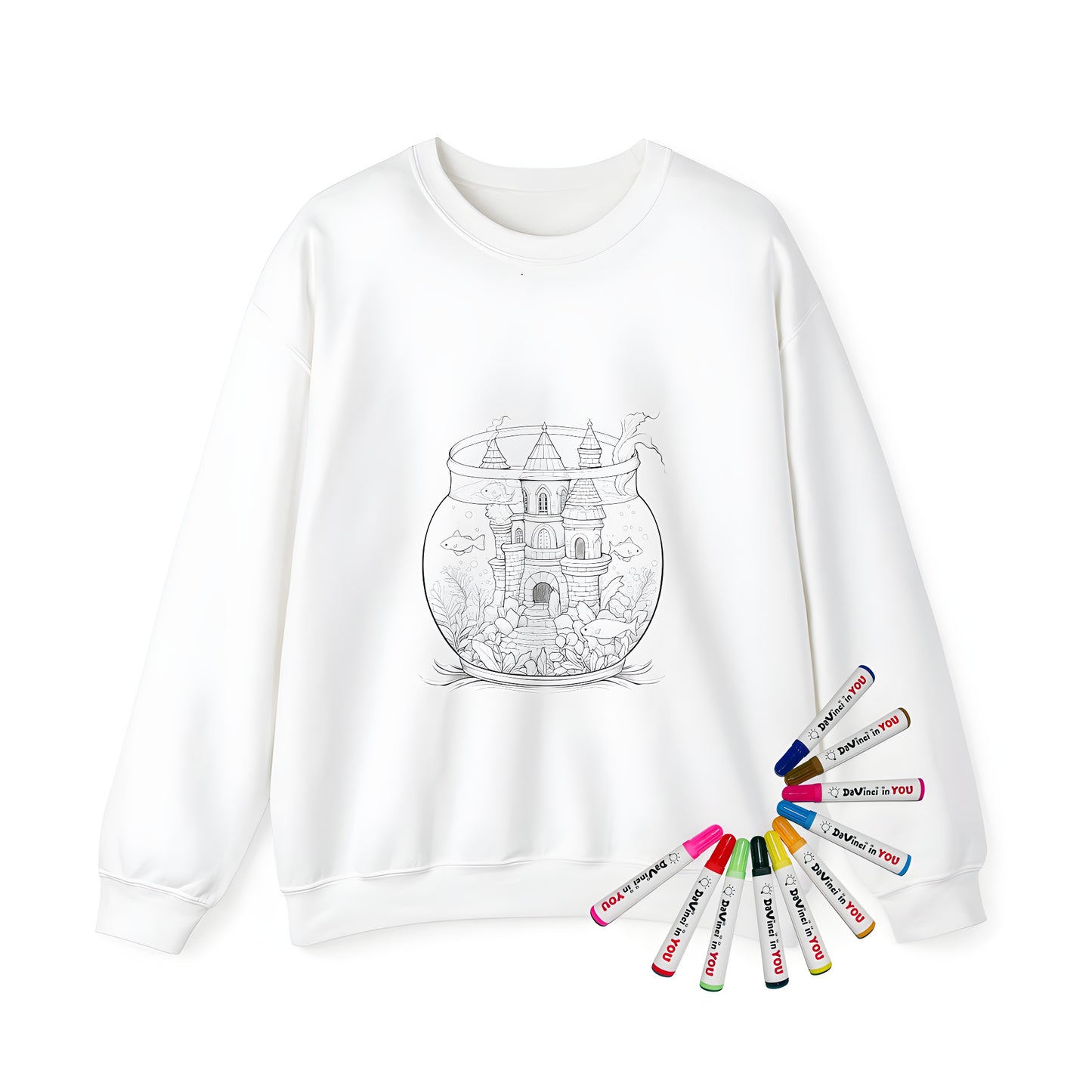 Adult sweatshirt featuring a black and white coloring page design of a fish tank shaped like a castle with fish swimming around surrounded by underwater plants. Includes 10 fabric markers for creative expression.