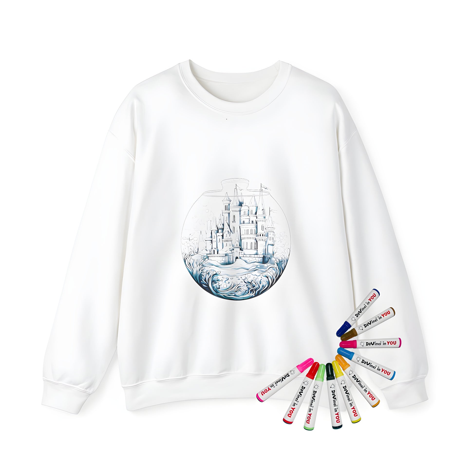 Adult sweatshirt featuring an imaginative underwater castle scene inside a fishbowl with fantasy architecture and mythical elements