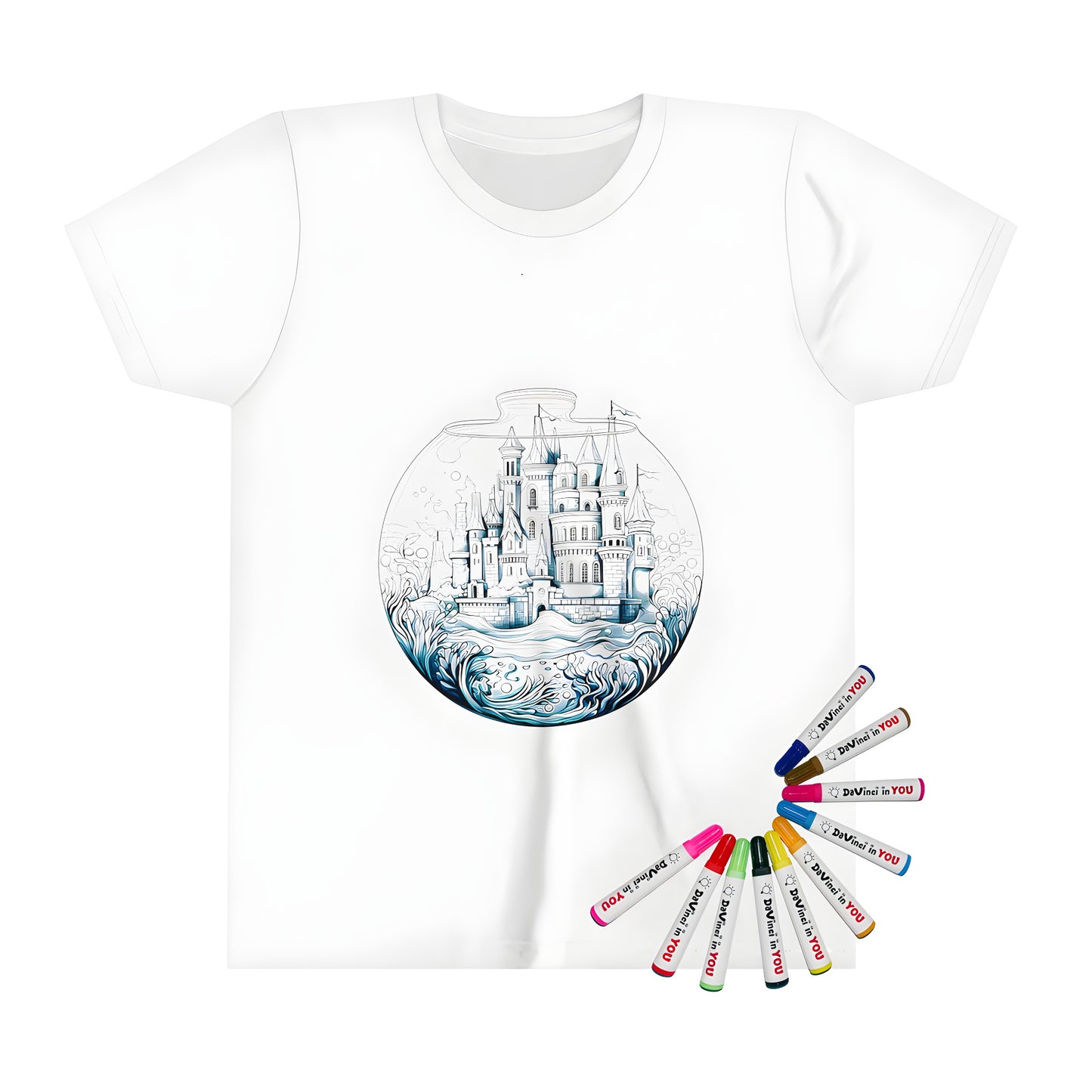 Kid's T-shirt with underwater castle coloring page design, featuring a fishbowl and fantasy architecture. Includes 10 fabric markers for a fun coloring experience.