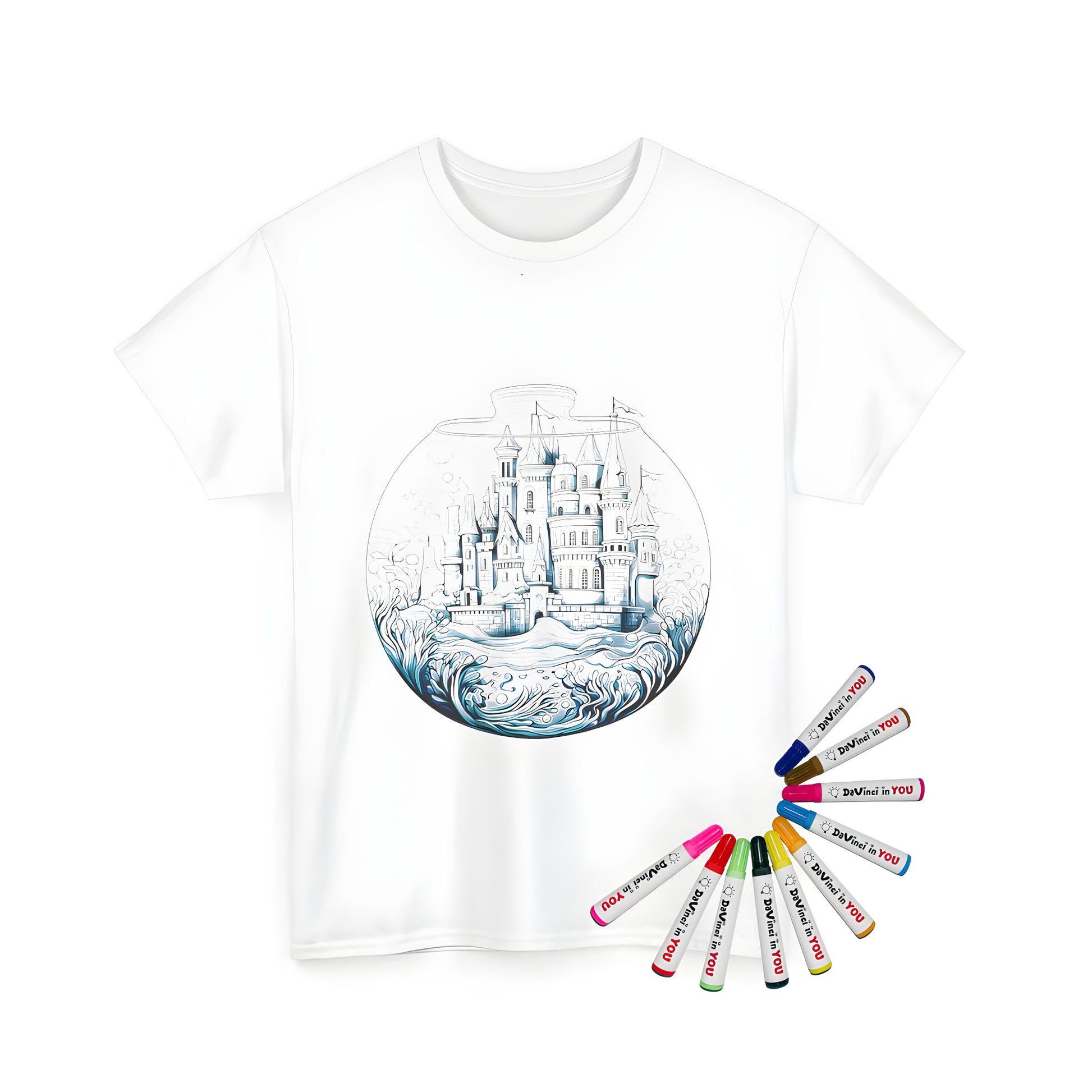 Unisex t-shirt featuring an underwater castle design with detailed fantasy architecture and mythical elements