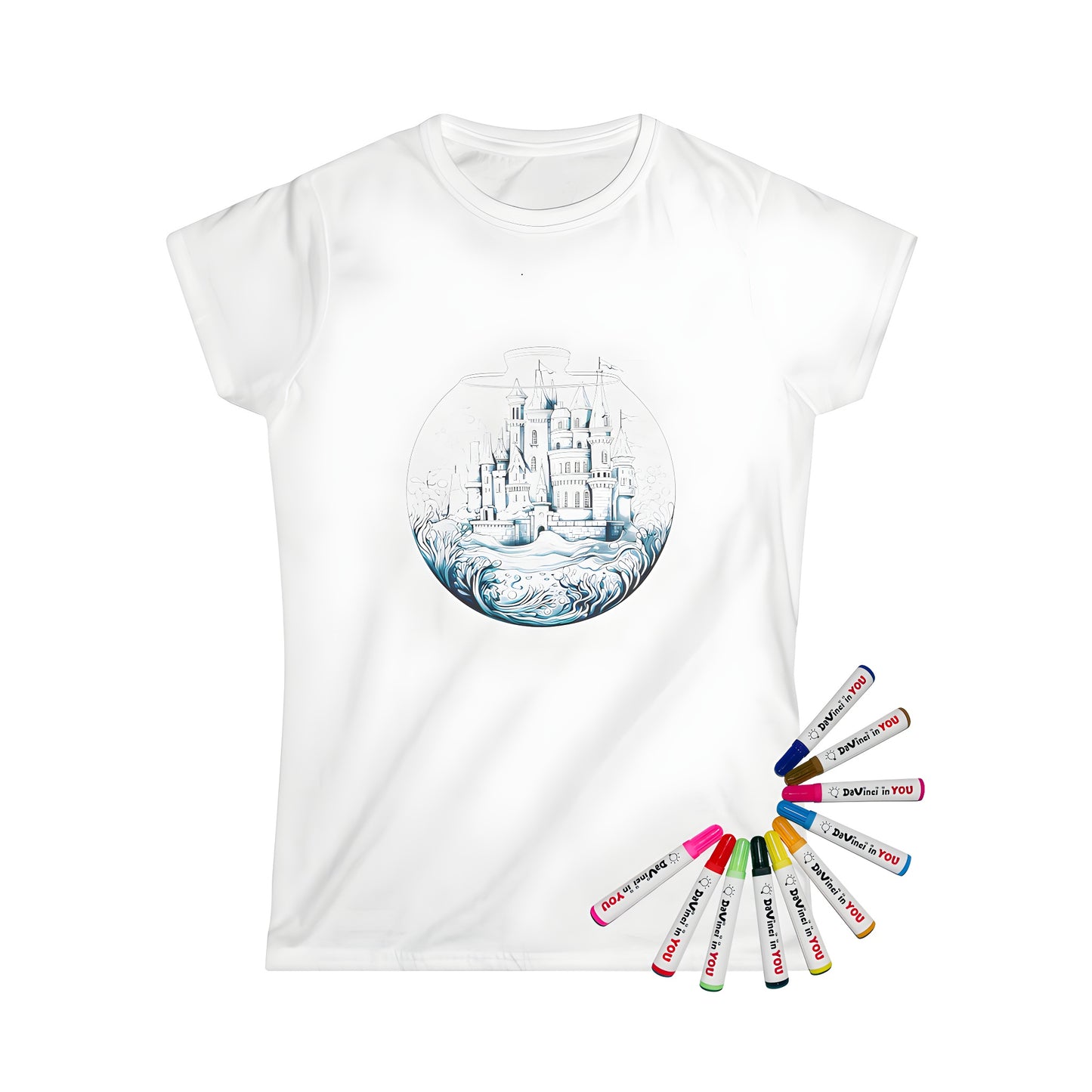 Women's t-shirt featuring an underwater castle design with waves and fantasy architecture, perfect for fans of mythical creatures and coloring enthusiasts