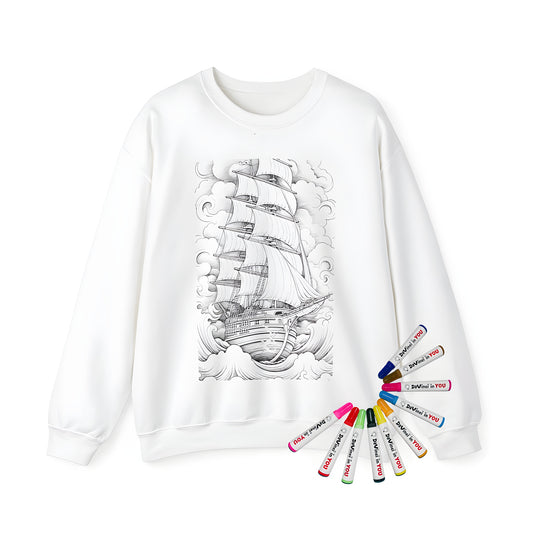 Adult Sweatshirt with nautical sailing ship design, featuring detailed waves and clouds