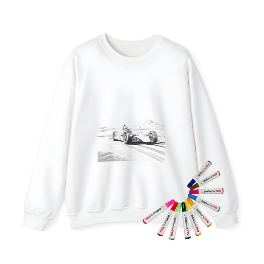 Adult sweatshirt with vibrant coloring page design of a high-speed racing car speeding across a desert track with majestic mountains in the background