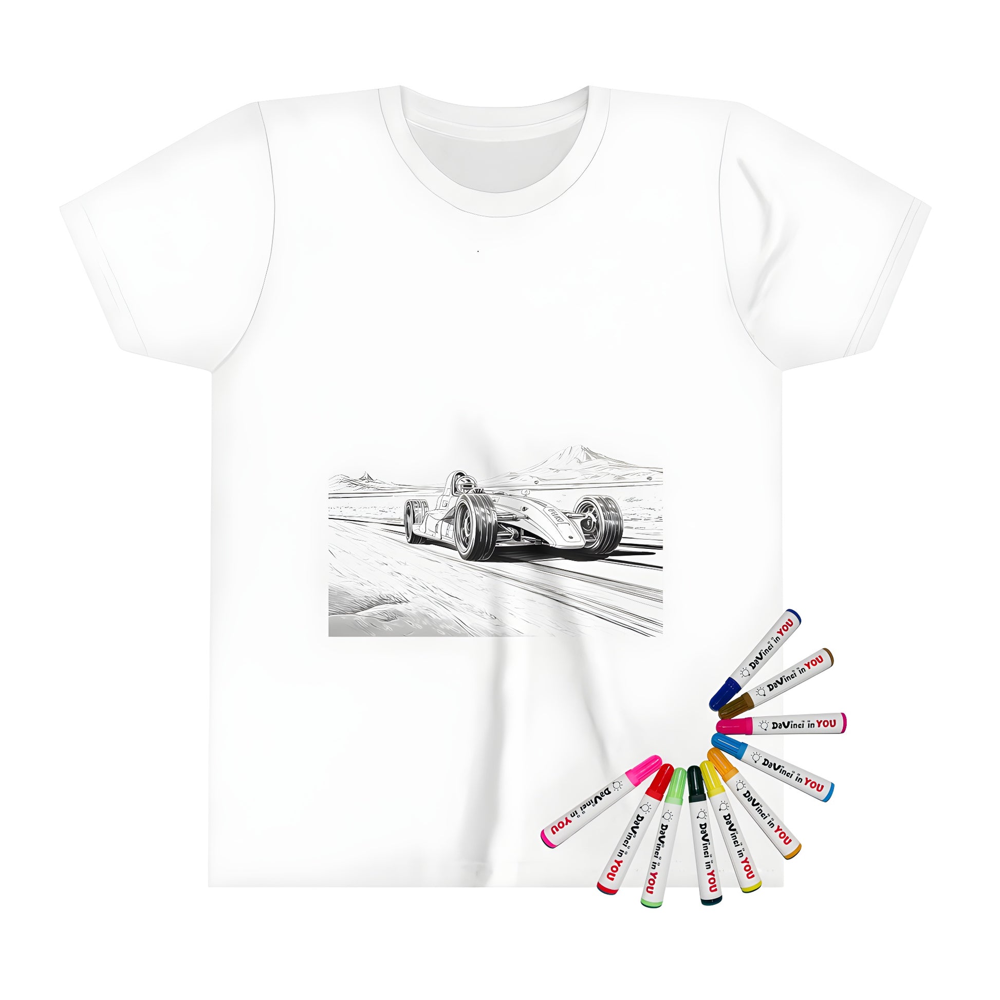 Kid's T-shirt with a racing car design, featuring a black and white illustration of a Formula One style vehicle speeding across a desert track with mountains in the distance.