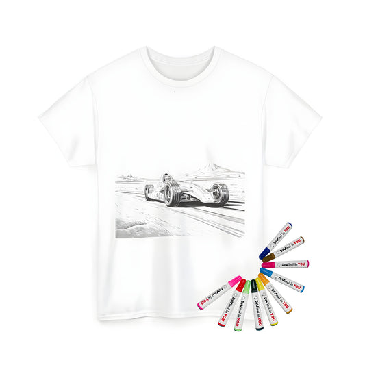 A black and white illustration of a racing car speeding across a desert track with mountains in the distance on a unisex t-shirt