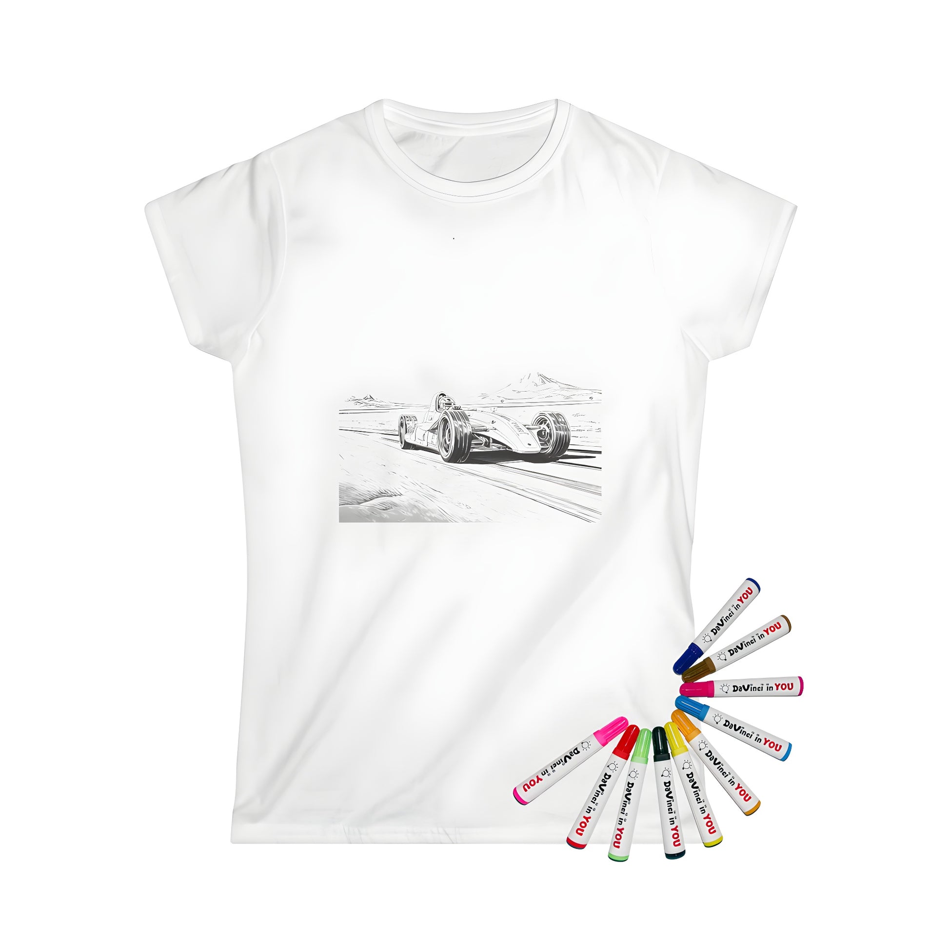 Women's T-shirt featuring a black and white illustration of a racing car speeding across a desert track with mountains in the distance. Includes 10 fabric markers for creative coloring.