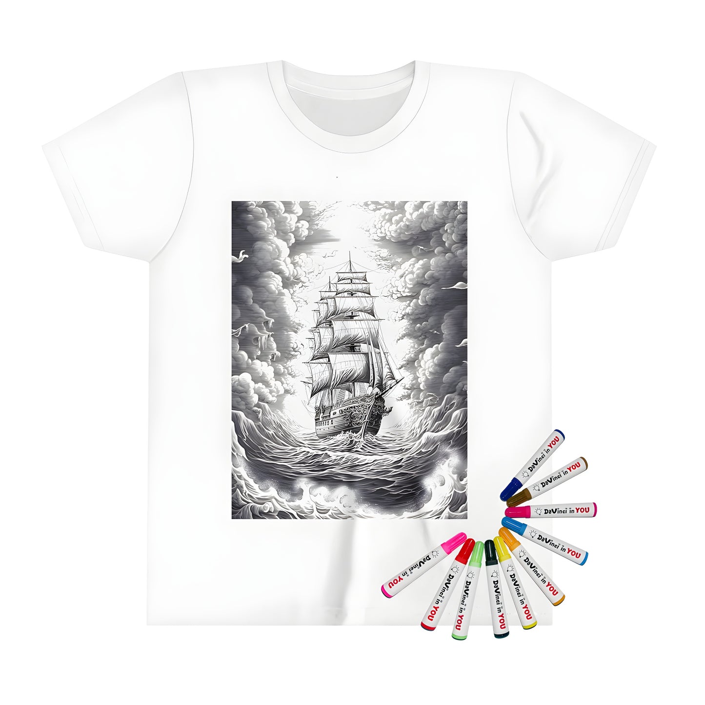 Coloring kit for kids featuring a vintage sailing ship design on a t-shirt, complete with stormy ocean waves and dramatic clouds