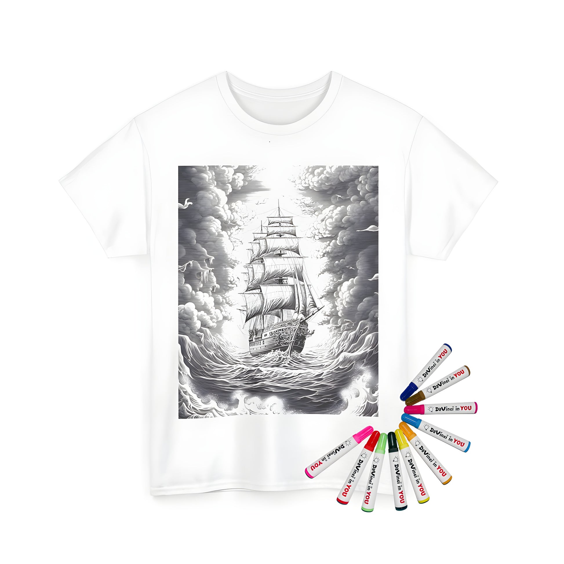 Coloring kit on a unisex t-shirt featuring a vintage sailing boat navigating stormy ocean waves and dramatic clouds under golden sunlight