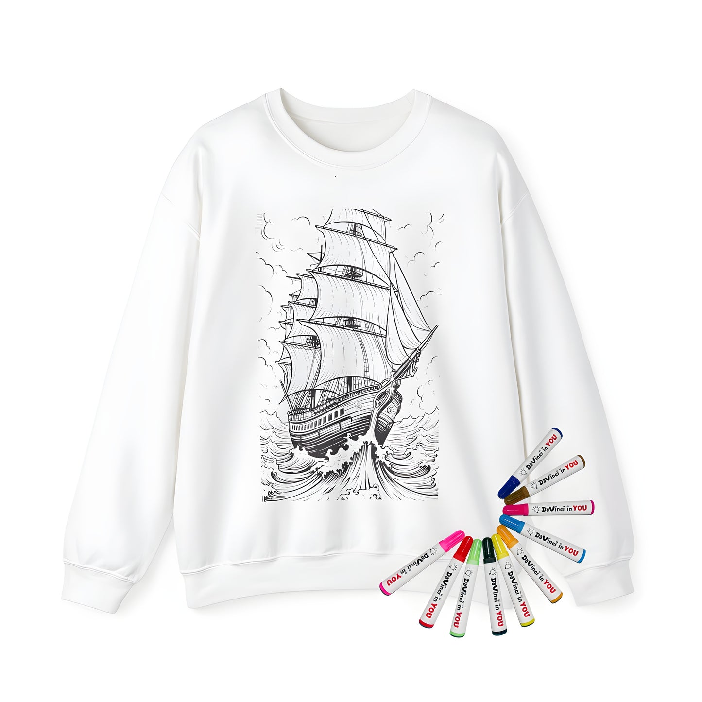 Adult sweatshirt featuring a vibrant sailing ship design with billowing sails and waves