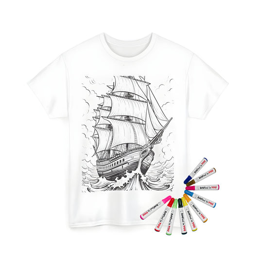 Unisex T-shirt with vintage sailing ship design featuring a detailed drawing of a large sailboat navigating through rough ocean waves on a stormy day