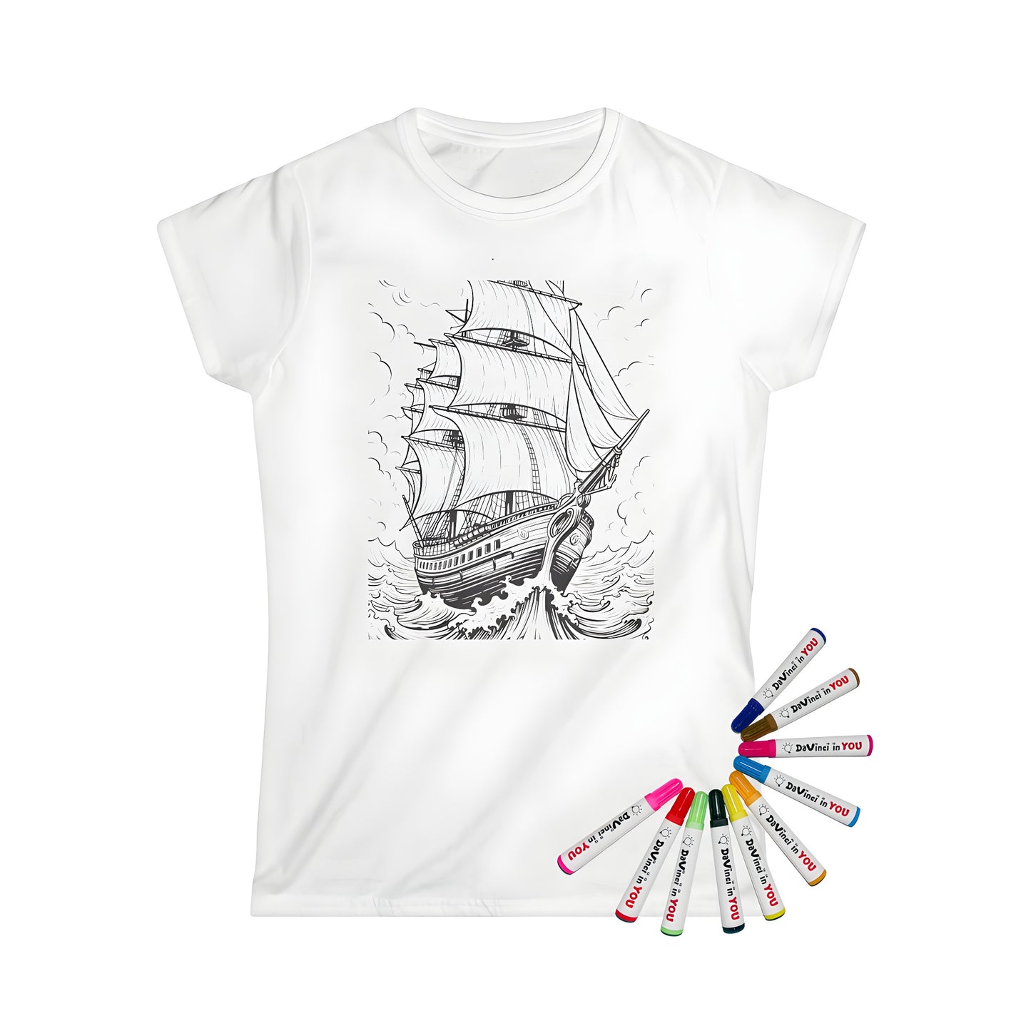 Detailed sailing vessel illustration on women's apparel