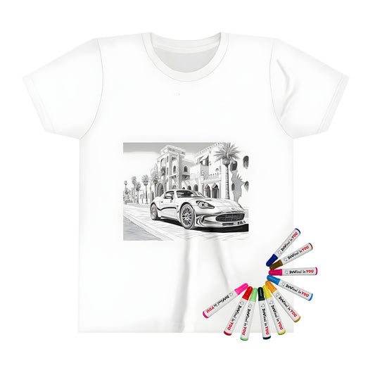 Coloring kit for kids t-shirts featuring an intricately detailed roadster, sports car, auto graphic on a street with grand architecture and palm trees.