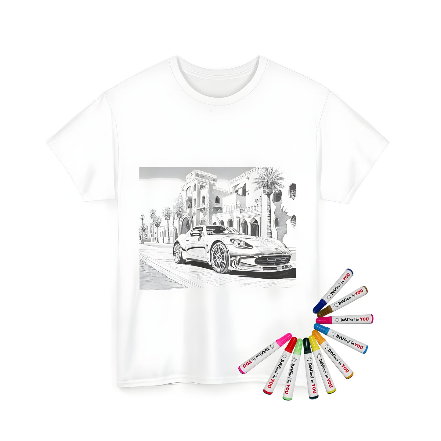 Unisex t-shirt featuring an intricately detailed sports car design