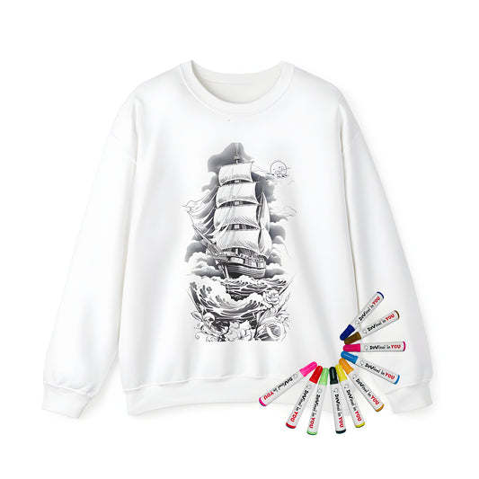 Adult sweatshirt featuring a colorful sailing vessel scene, complete with a bright moon, floral elements, and waves