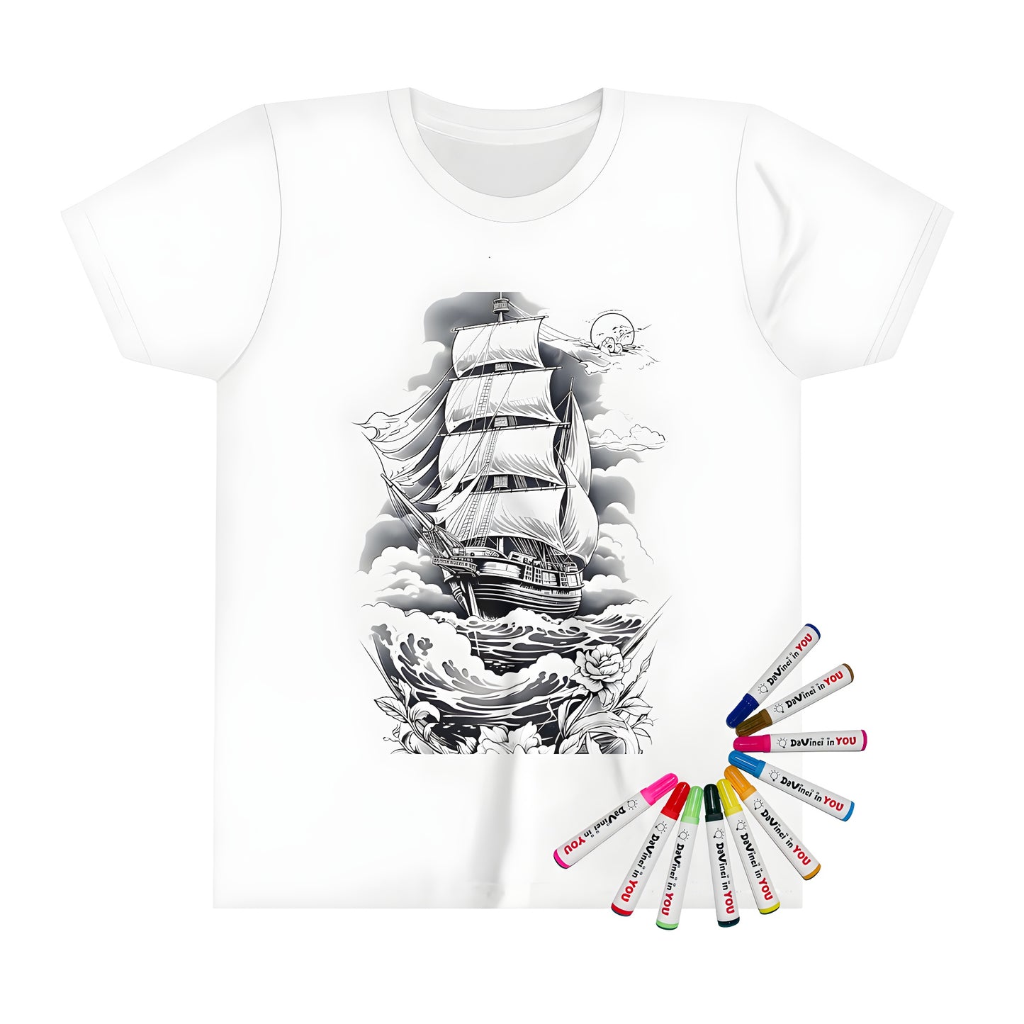 Coloring kit for kids' t-shirt featuring a sailing ship on the sea with a bright moon and floral elements